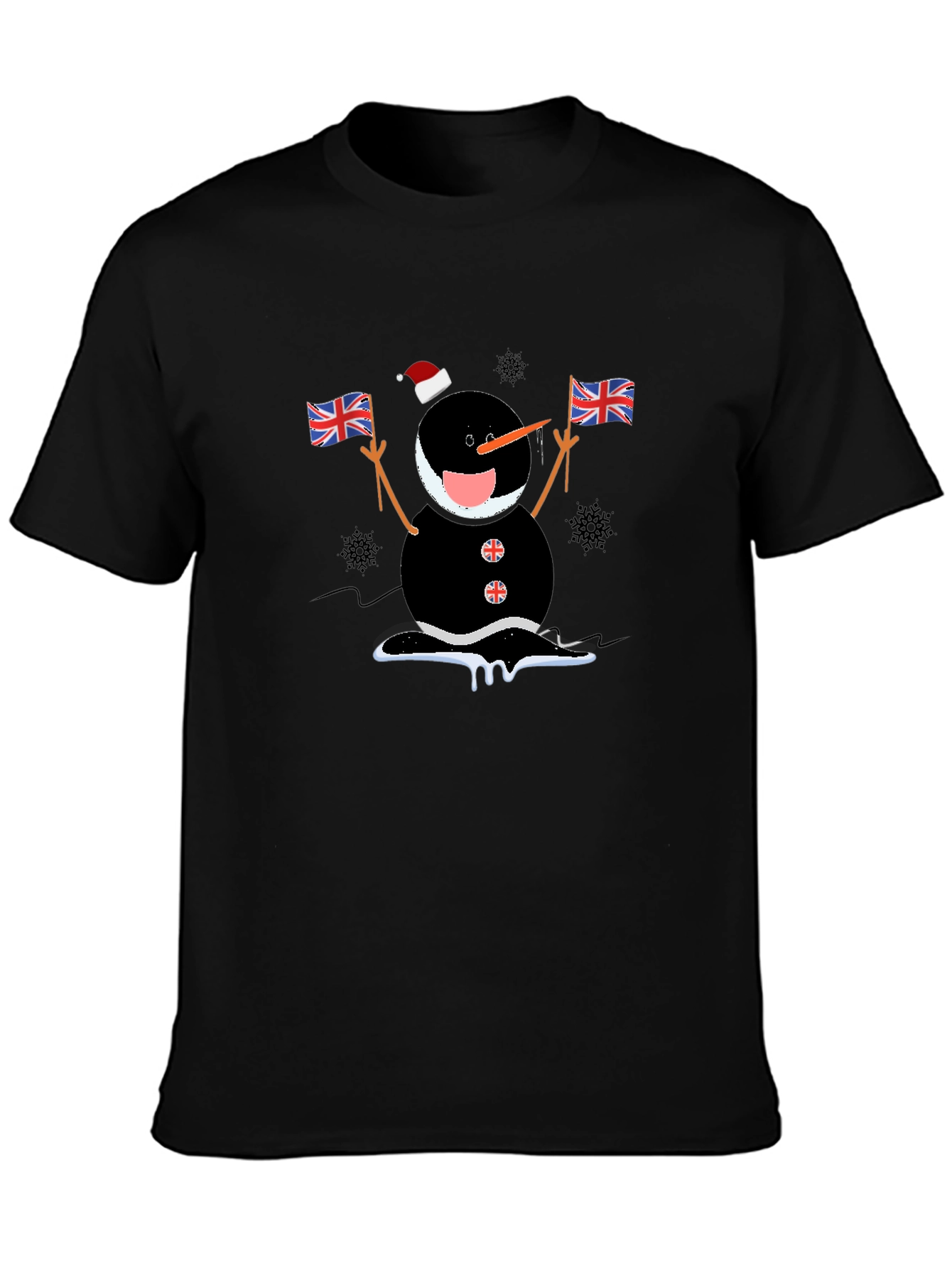 Novelty Black Snowman with Flags T-Shirt