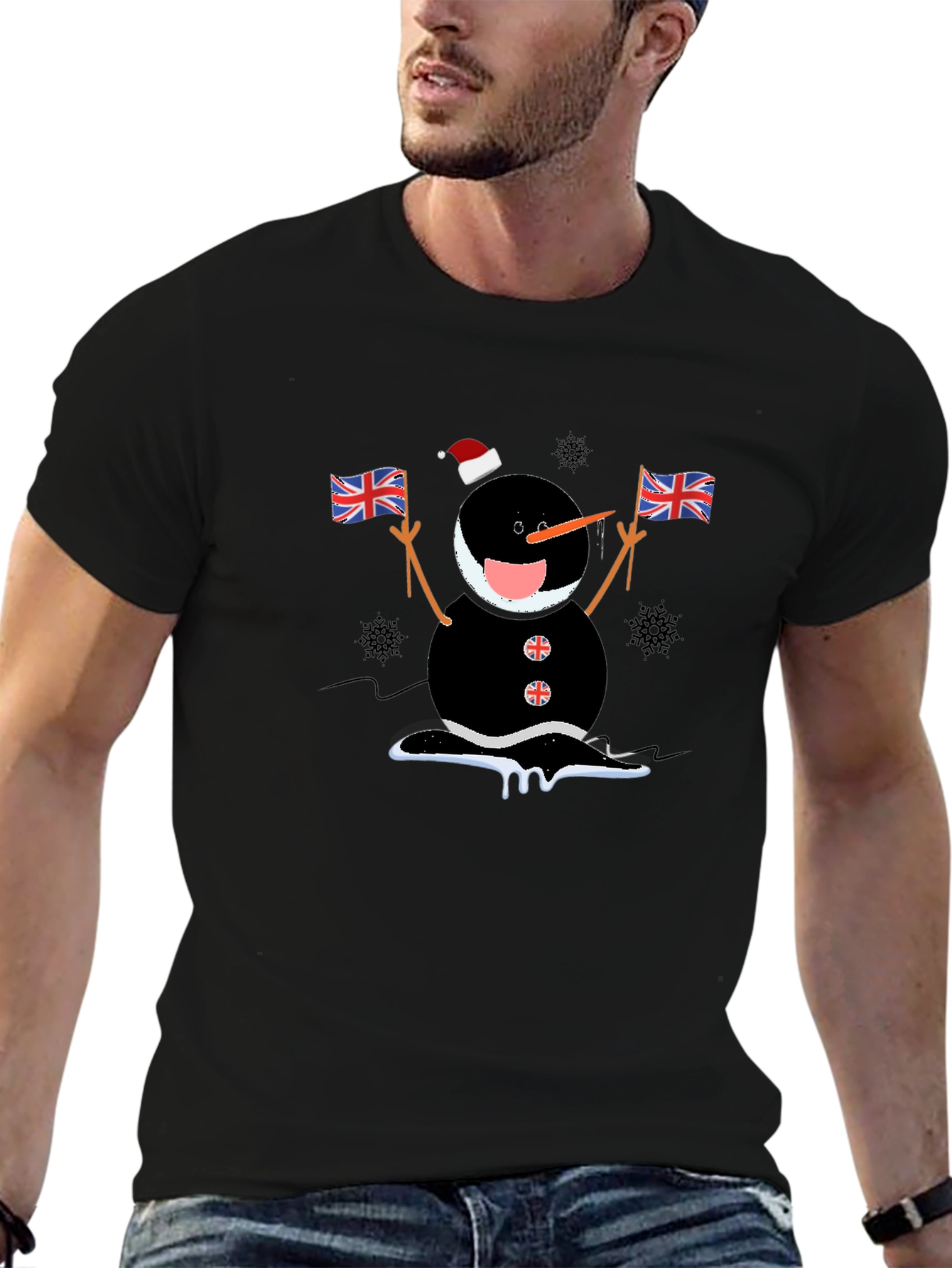 Novelty Black Snowman with Flags T-Shirt