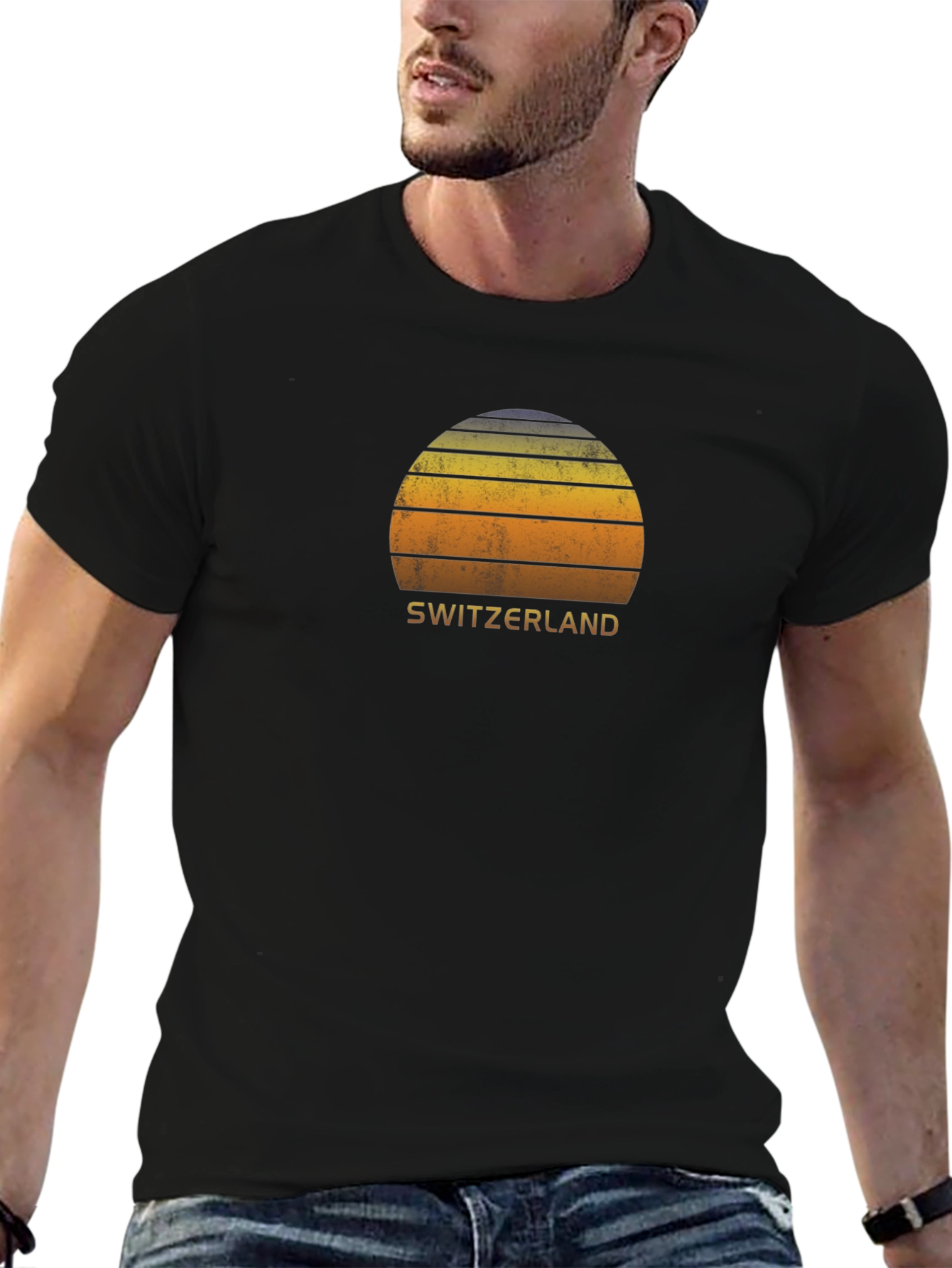 Switzerland Sunset Graphic Tee - Retro Style Black T-Shirt