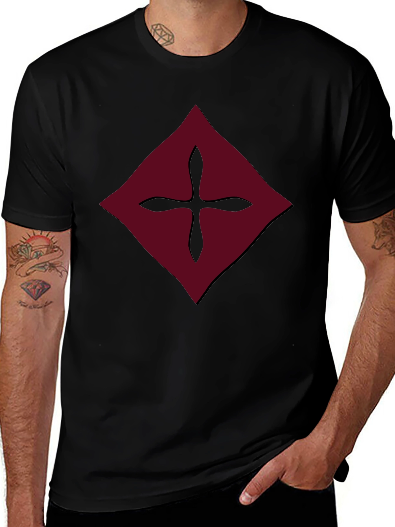 Burgundy Diamond Cross Graphic Tee - Mens Black Shirt
