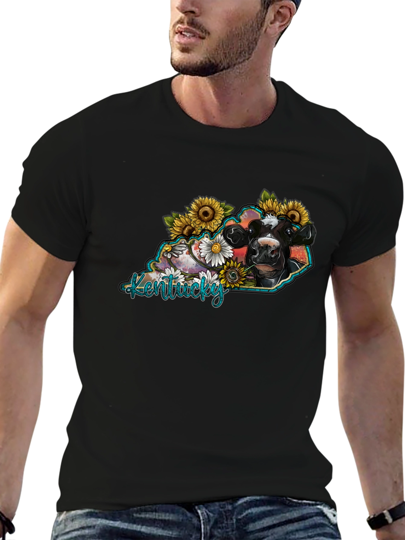 Kentucky Cow Sunflower Graphic T-Shirt