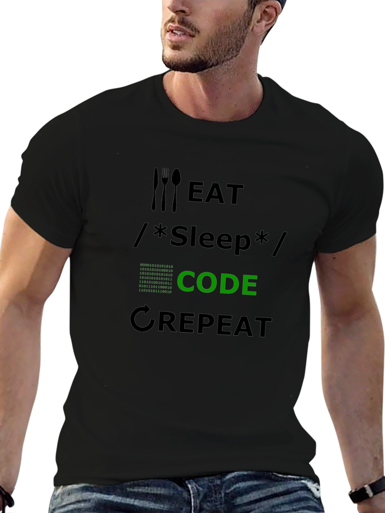 Eat Sleep Code Repeat Black T-Shirt Coder Programmer Tee