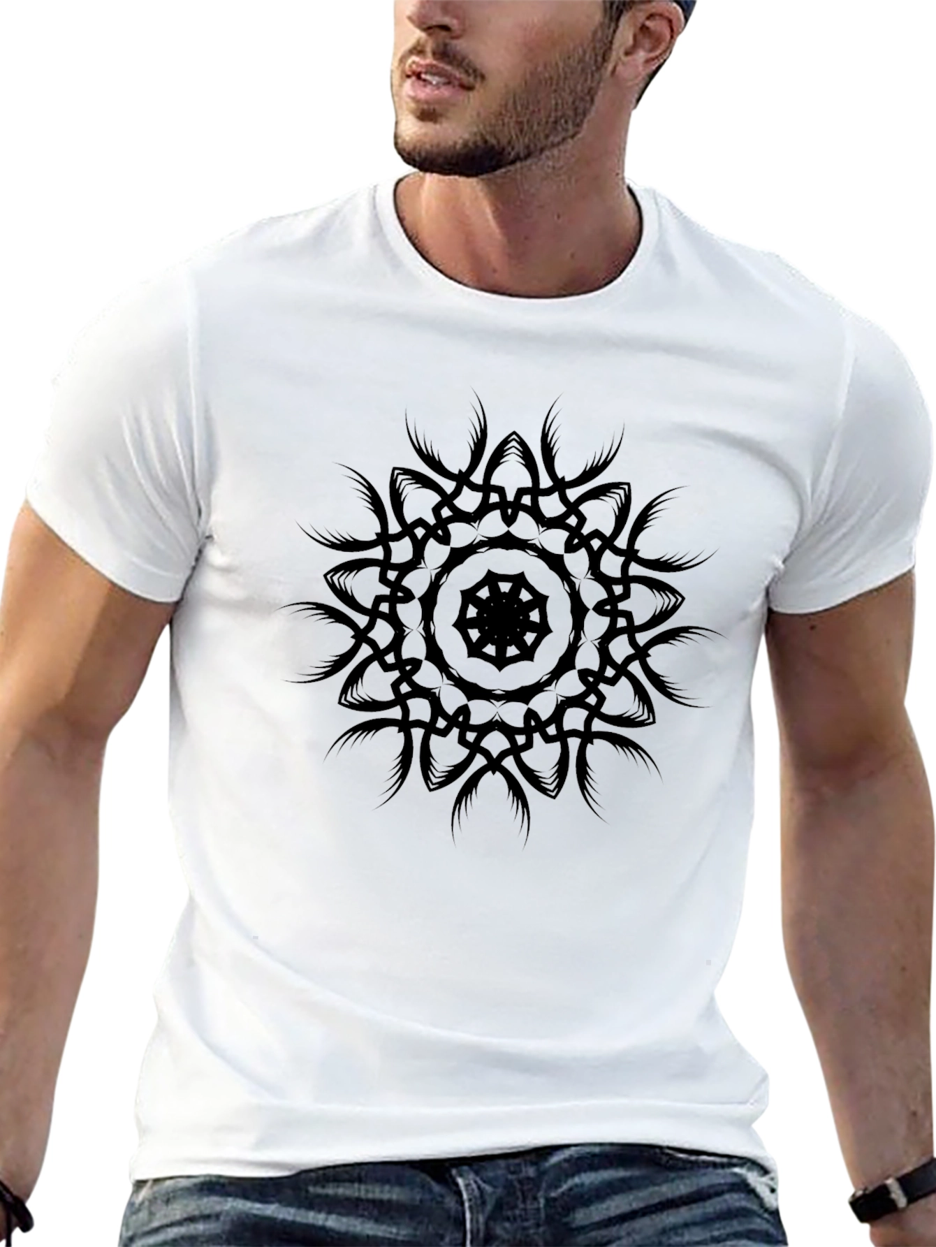 Mens Black Graphic Tee - Mandala Design