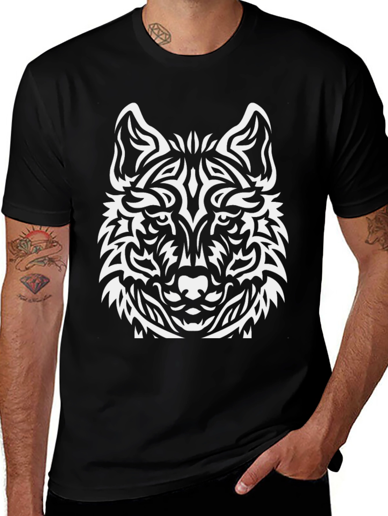 Wolf Graphic Print Tee - Black Cotton Blend