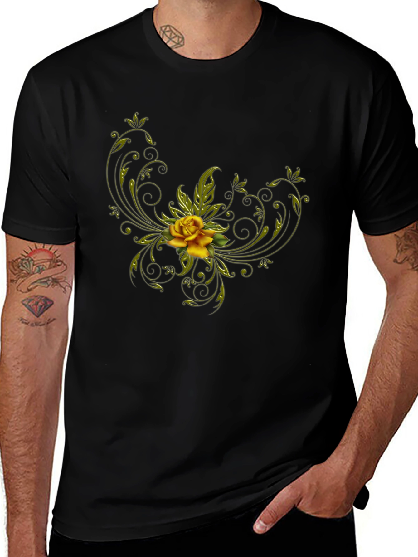Black T-Shirt with Floral Yellow Rose Design