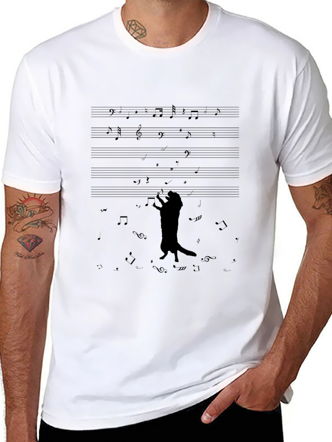 Musical Cat T-Shirt - Black Crew Neck Graphic Tee