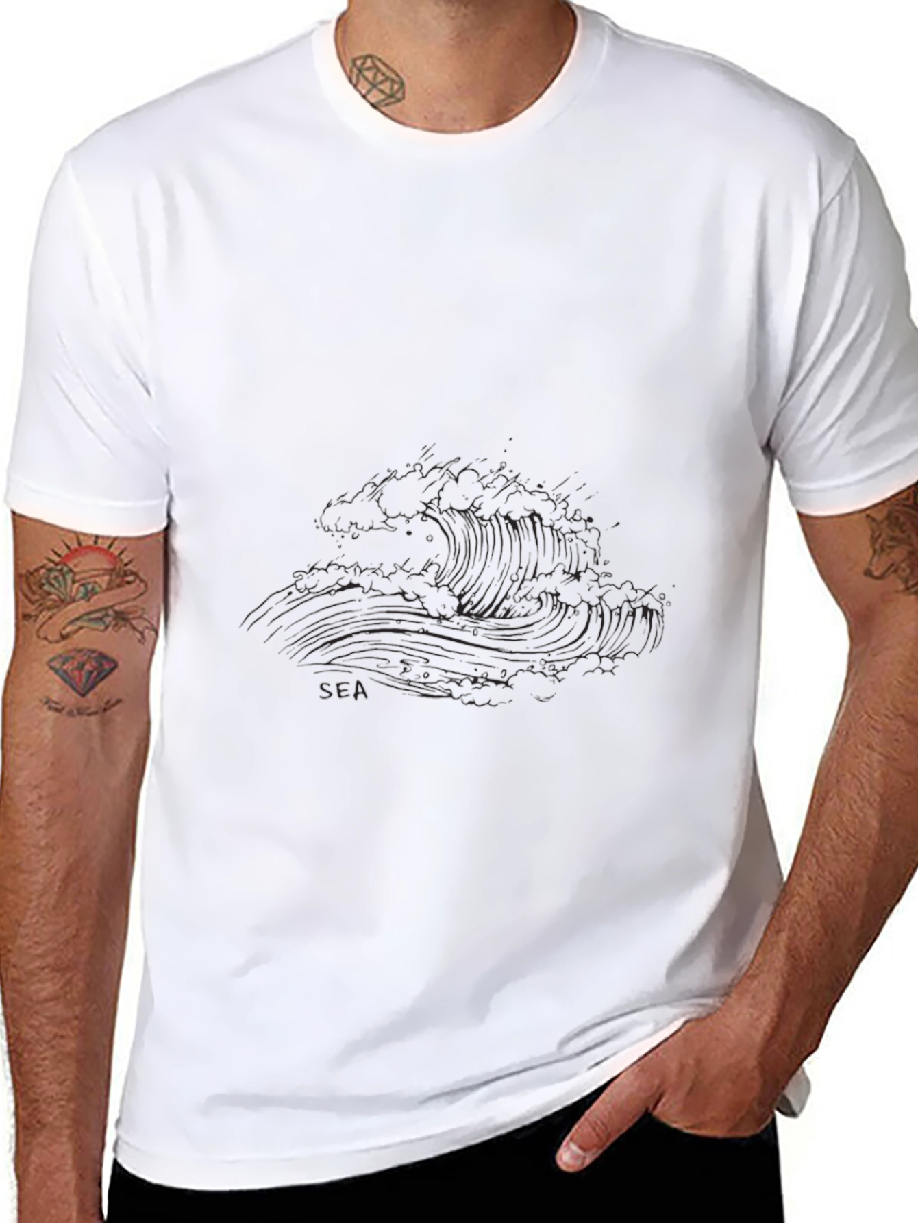 Black Graphic Tee - Sea Wave Design