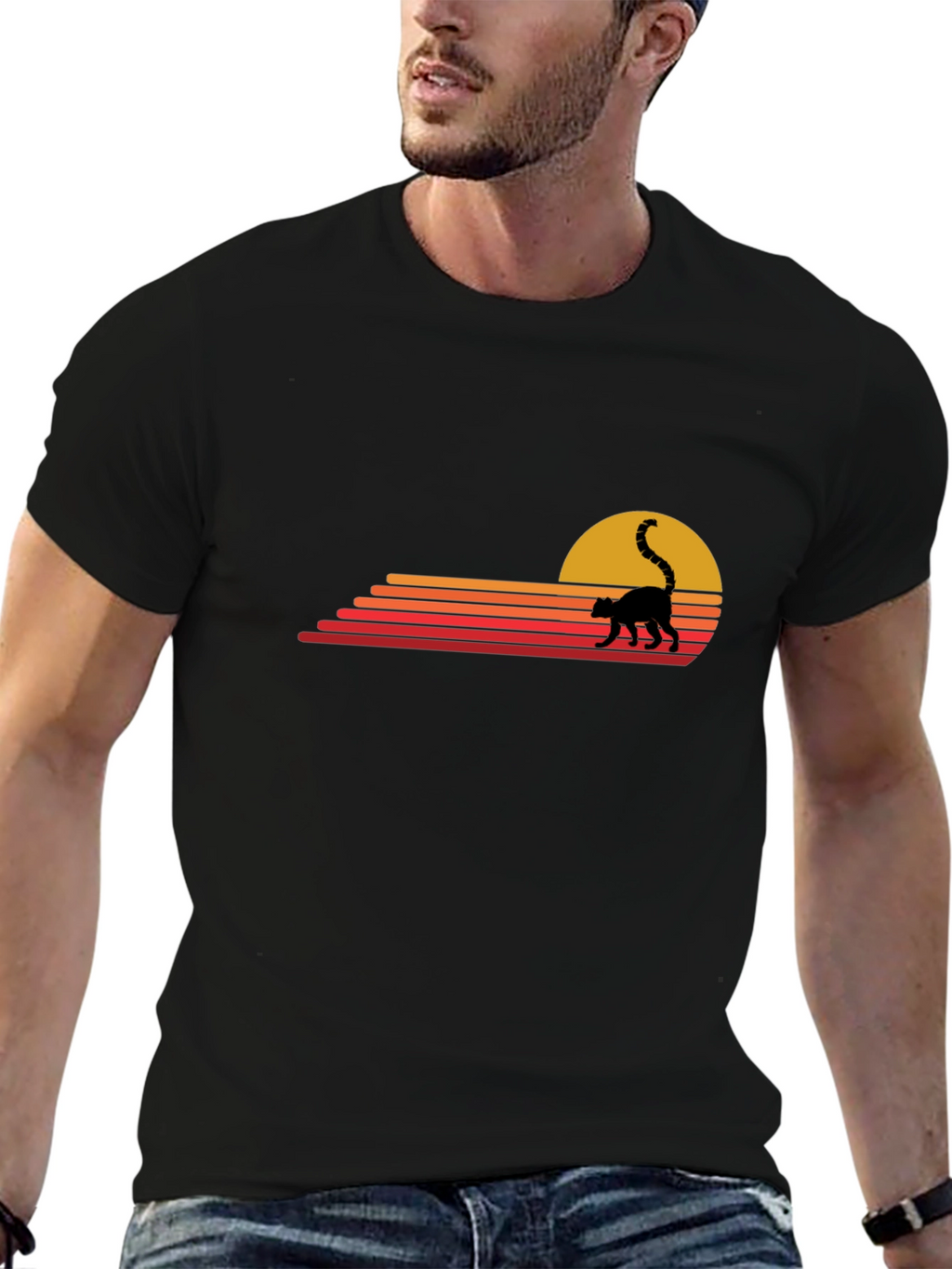 Retro Lemur Sunset Graphic Tee - Black