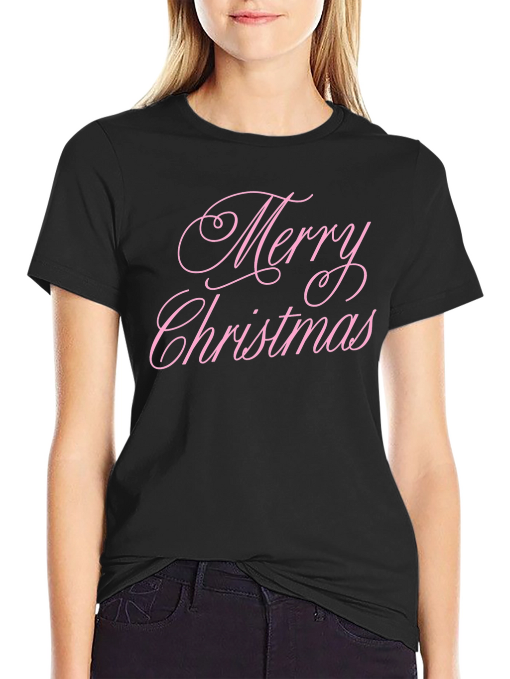 Merry Christmas Pink Script Black T-Shirt