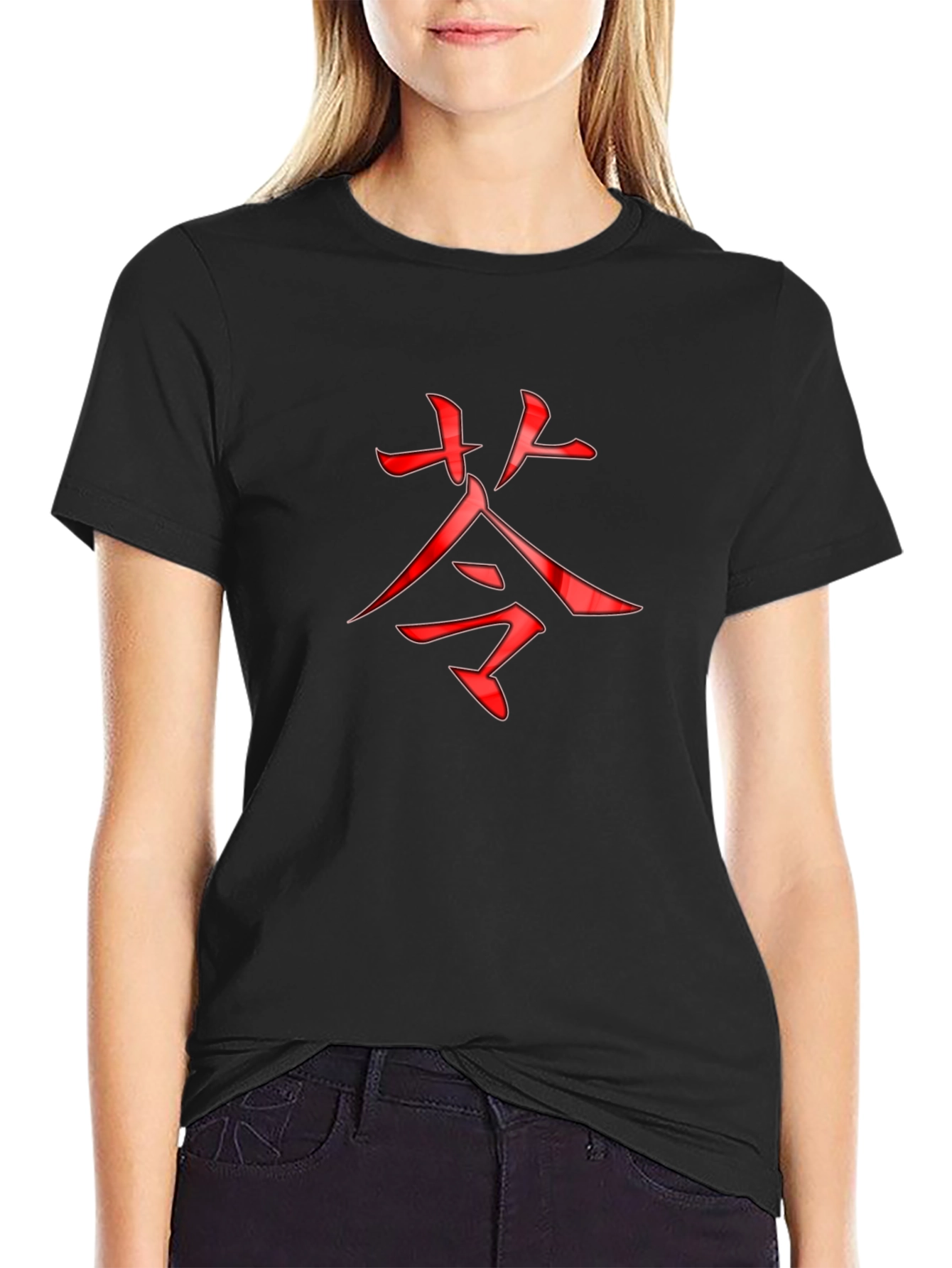 Black T-Shirt with Red Asian Symbol Design