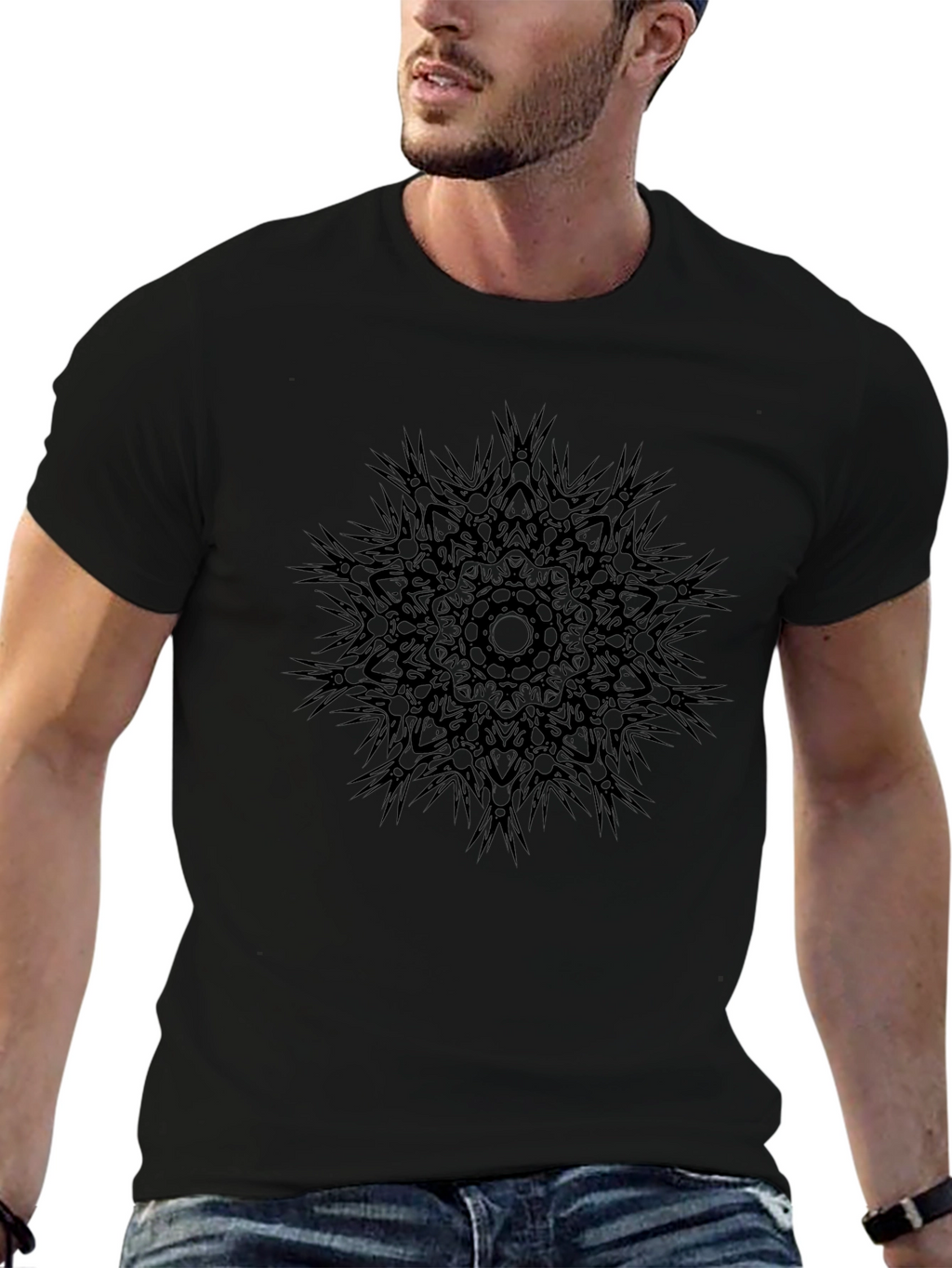 Dark Mandala Print Crew Neck T-Shirt