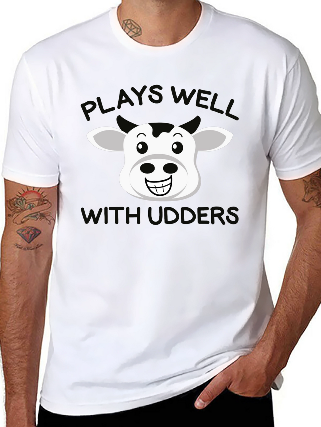 Plays Well With Udders T-Shirt - Funny Cow Tee