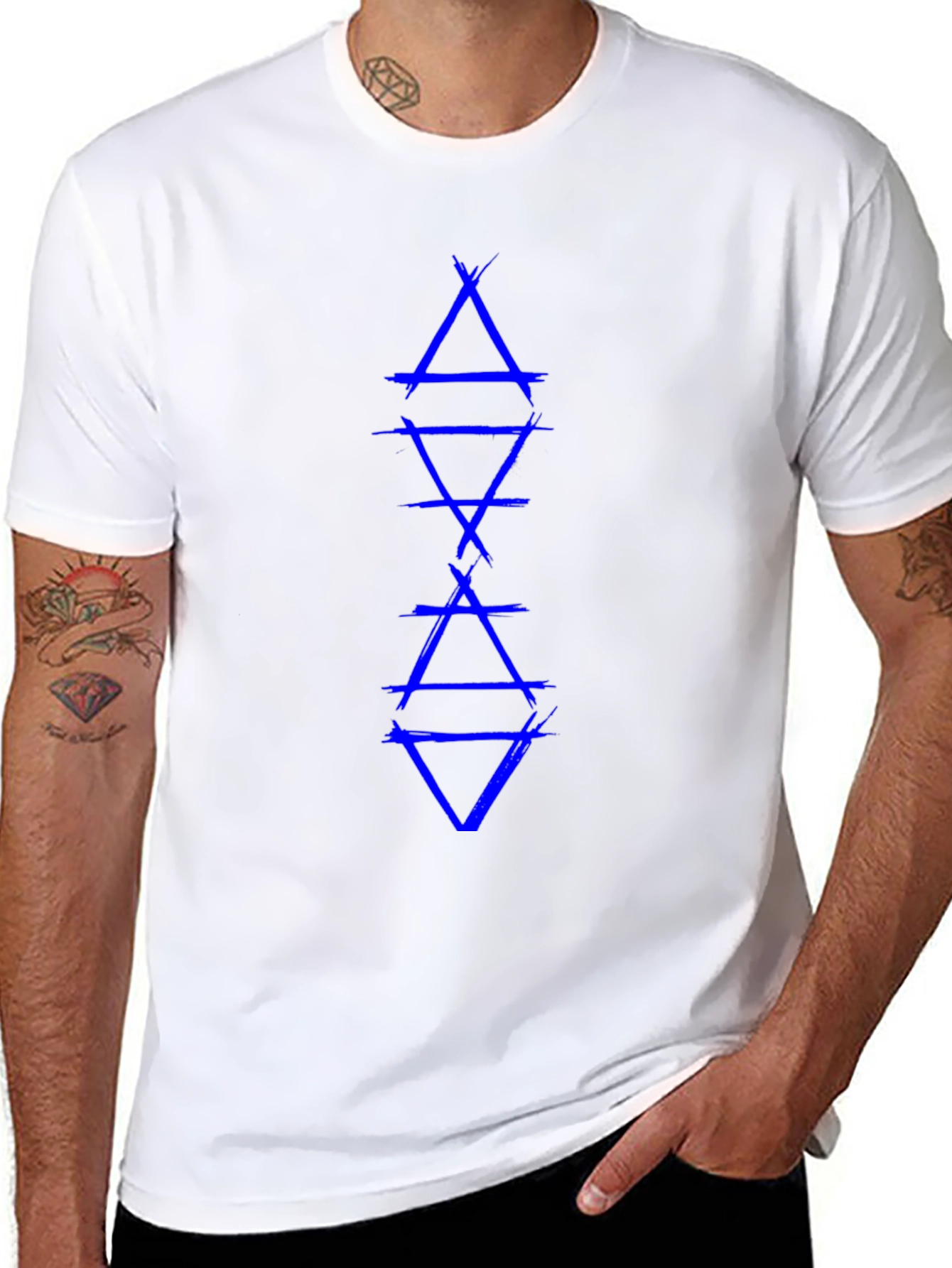 Geometric Triangle Graphic Tee - Blue Design on Black