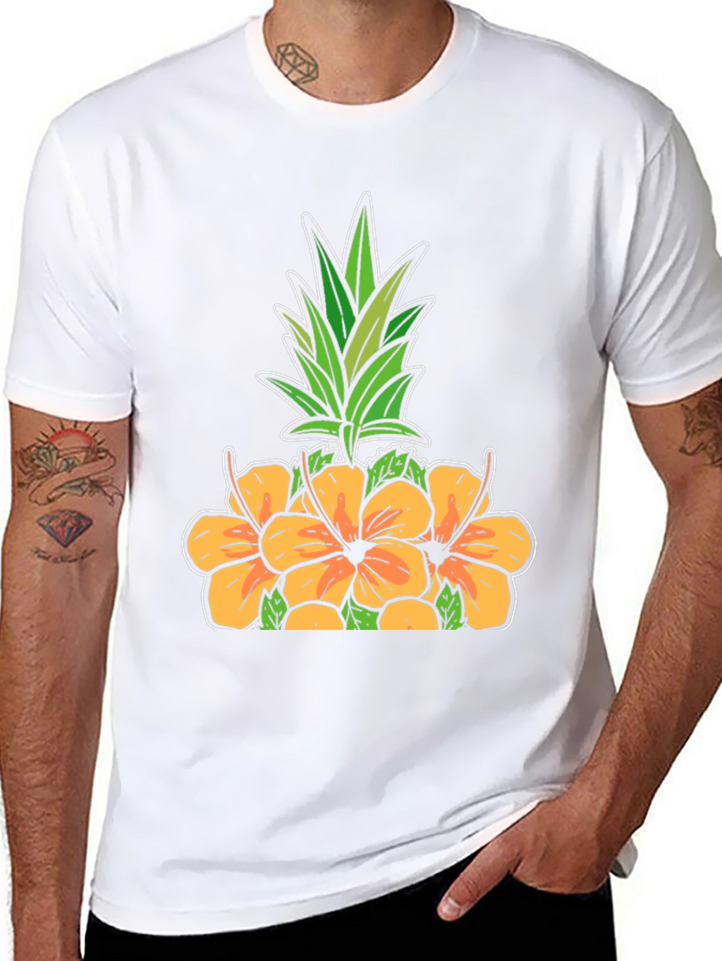 Floral Pineapple Graphic Tee - Black Cotton Shirt