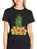 Floral Pineapple Graphic Tee - Black Cotton Shirt