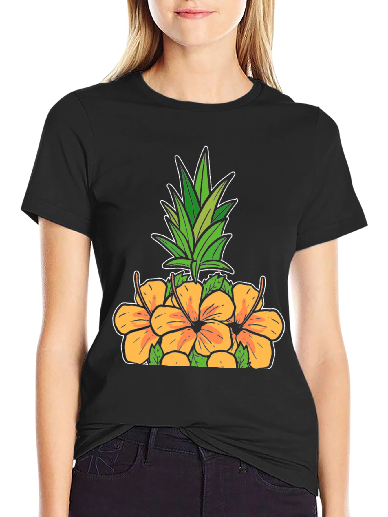 Floral Pineapple Graphic Tee - Black Cotton Shirt