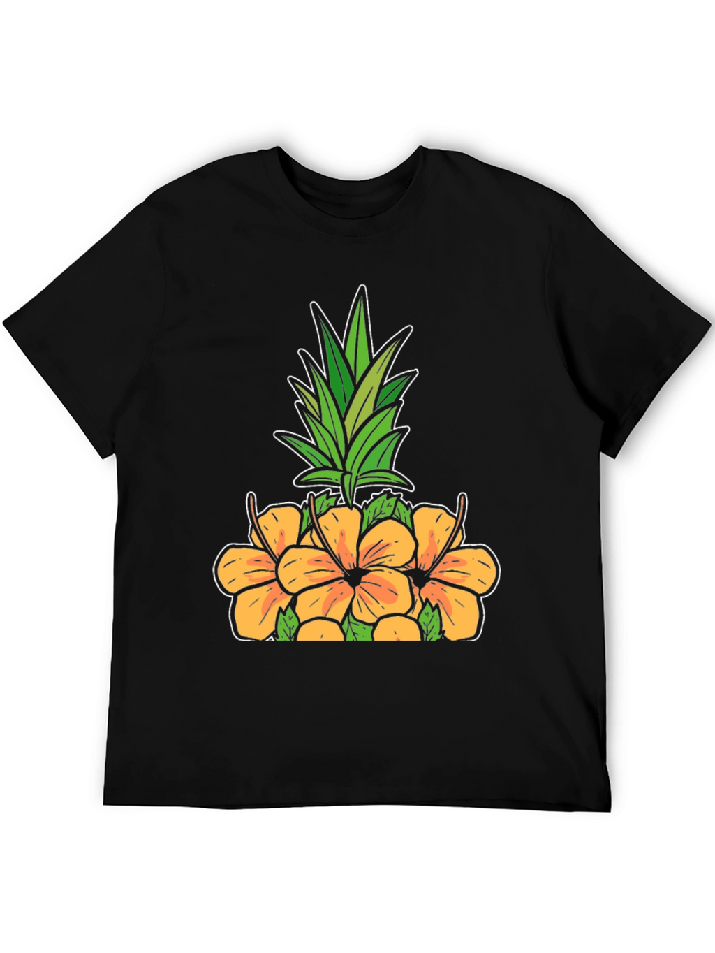 Floral Pineapple Graphic Tee - Black Cotton Shirt