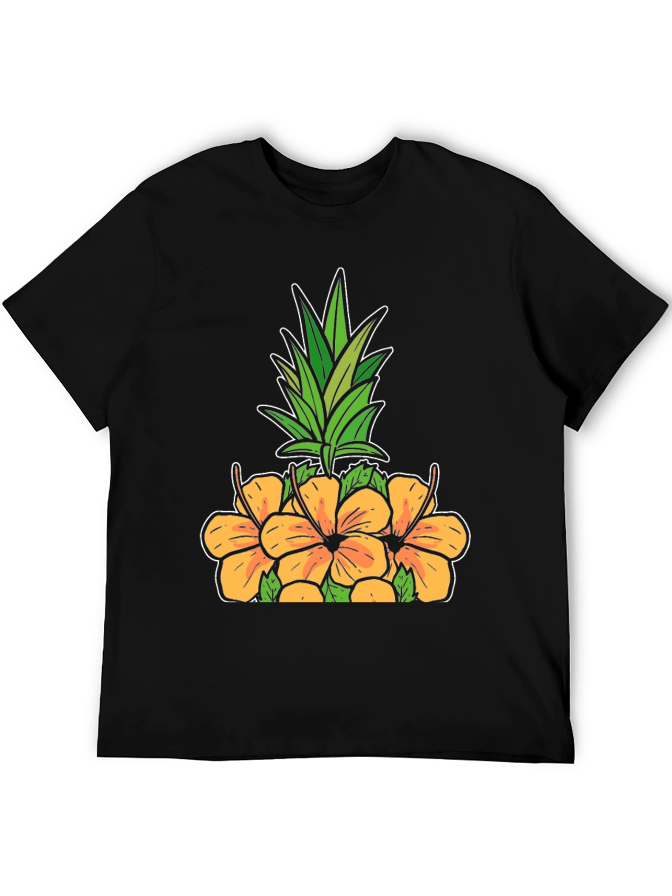 Floral Pineapple Graphic Tee - Black Cotton Shirt