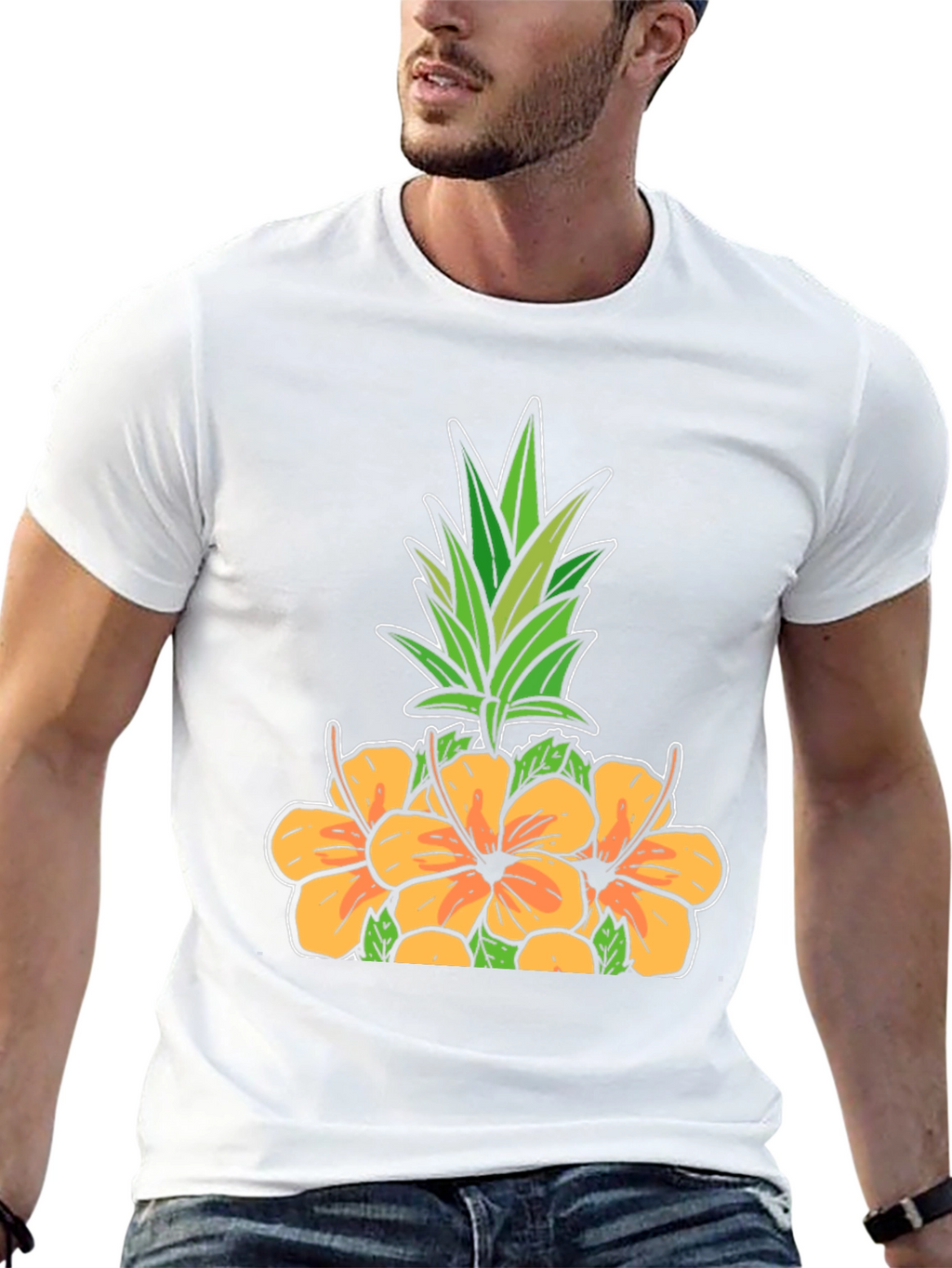 Floral Pineapple Graphic Tee - Black Cotton Shirt