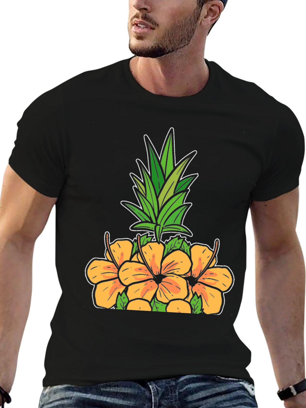 Floral Pineapple Graphic Tee - Black Cotton Shirt