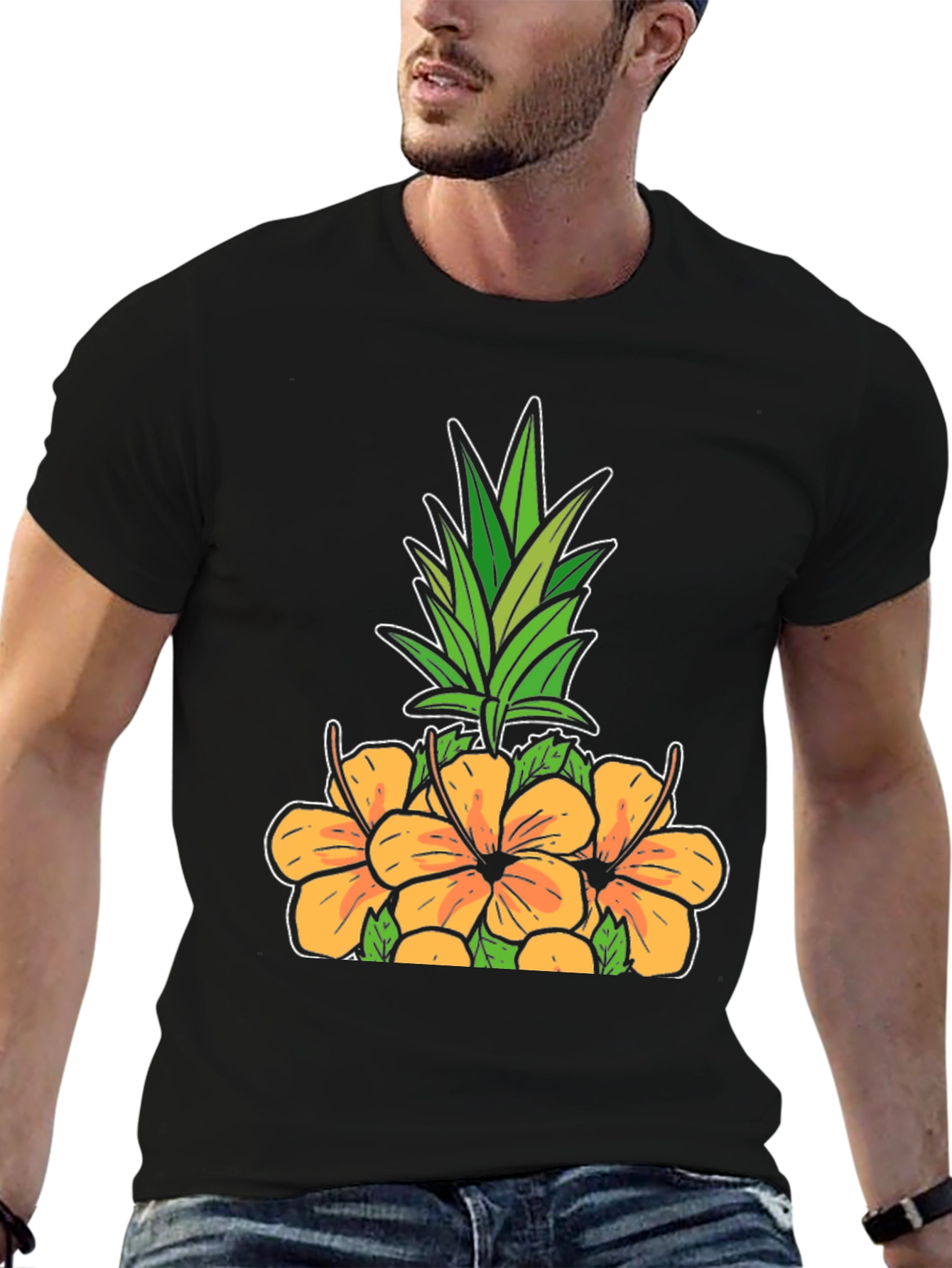 Floral Pineapple Graphic Tee - Black Cotton Shirt