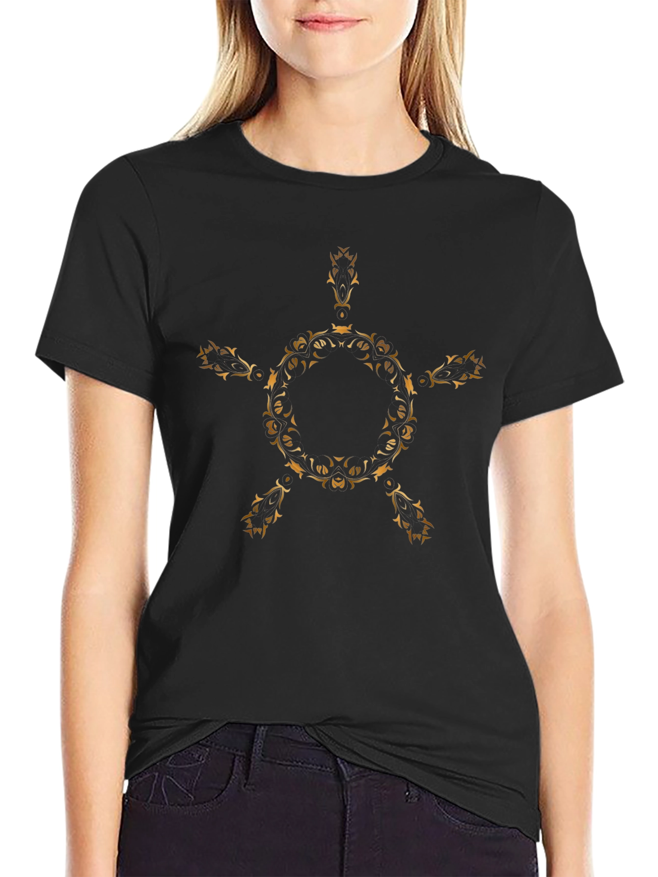 Stylish Black Tee with Gold Floral Geometric Design