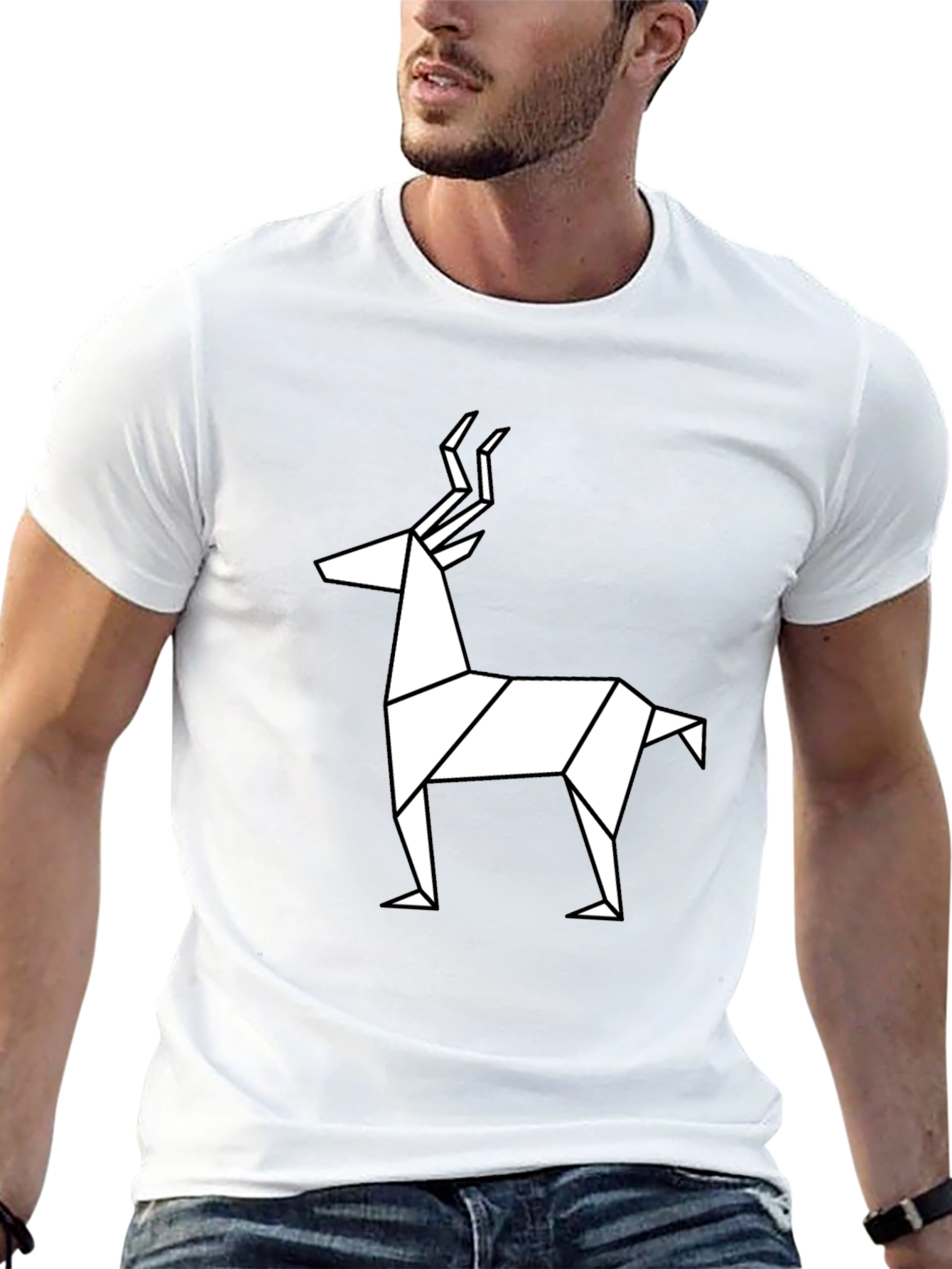 Geometric Deer Graphic Tee - Black Cotton T-Shirt