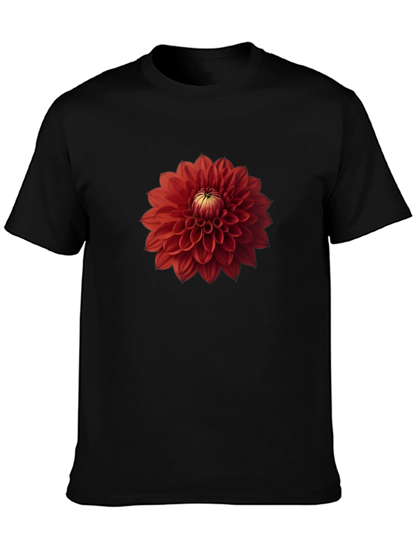 Red Dahlia Flower Graphic Black T-Shirt