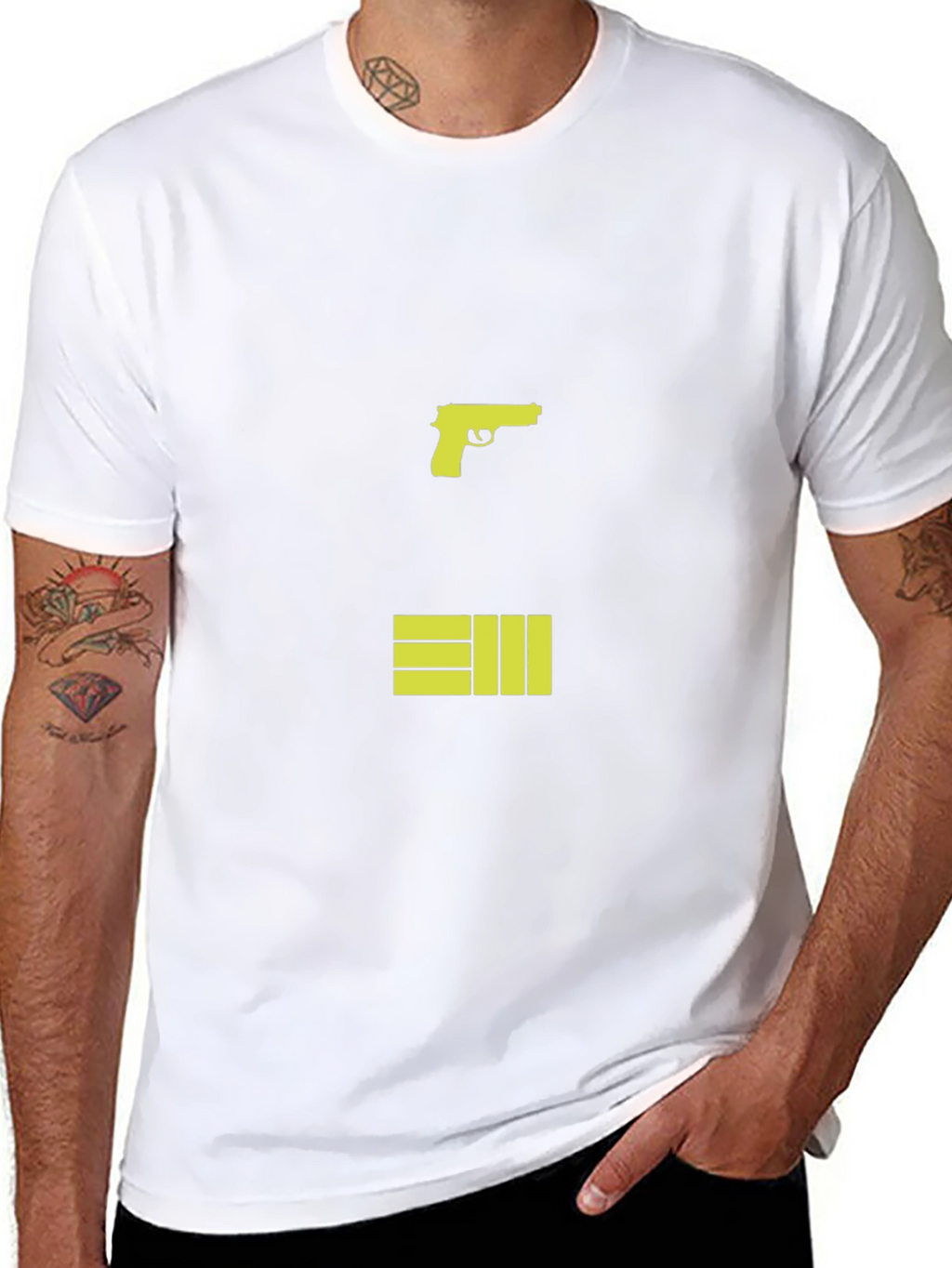 Black T-Shirt with Graphic Gun and Bars Design