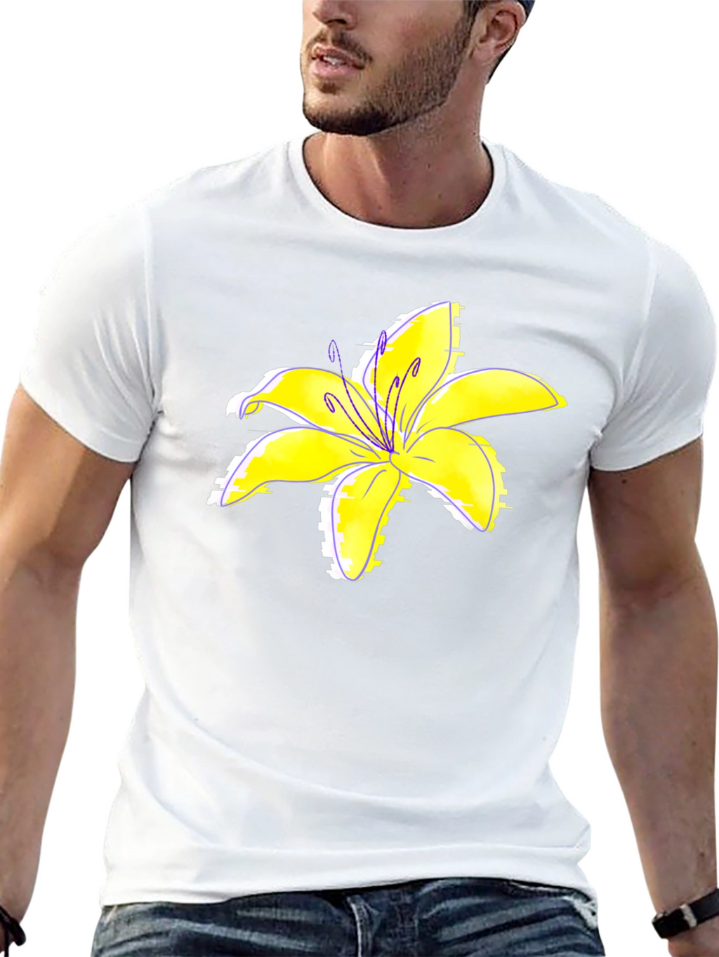 Black T-Shirt with Yellow Lily Flower Print