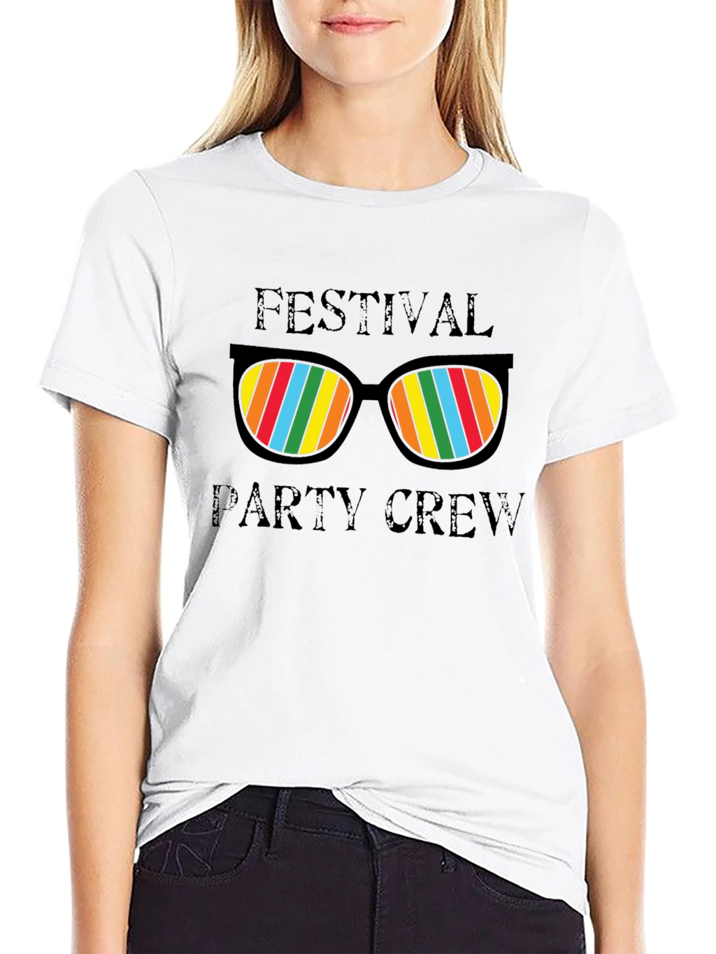 Festival Party Crew T-Shirt - Fun Rainbow Sunglasses Design