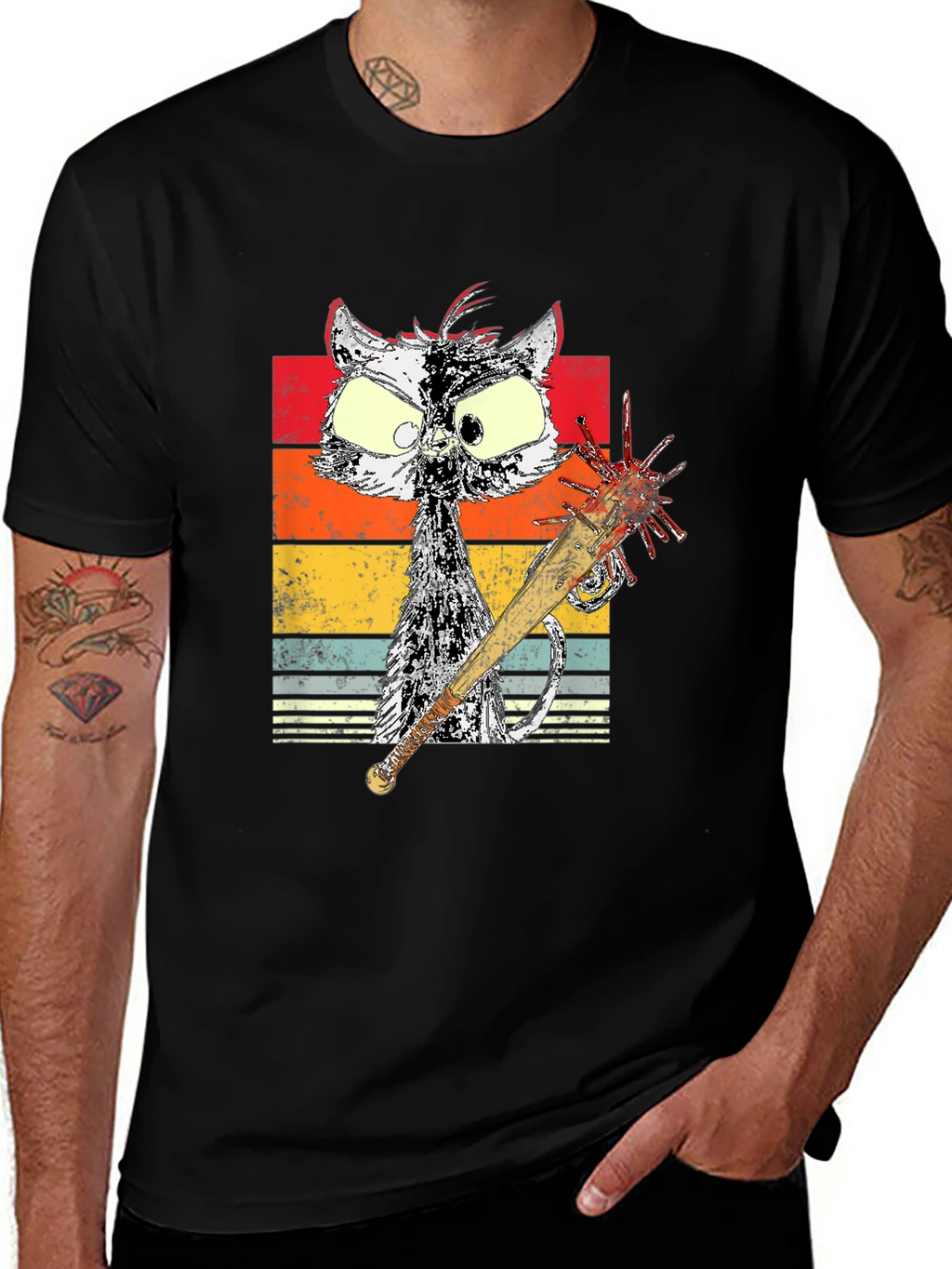 Retro Cat with Spiked Bat Graphic Tee