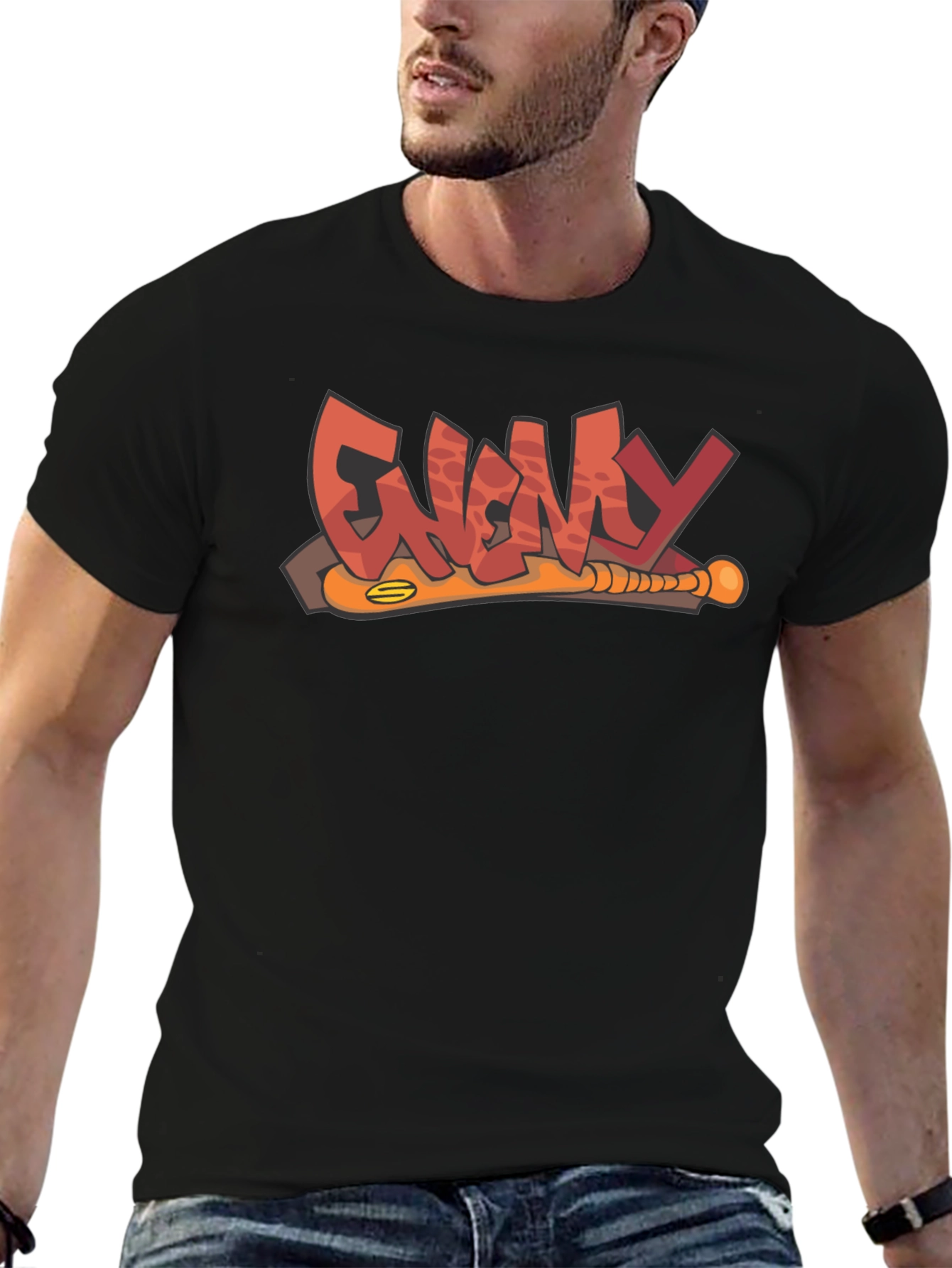Enemy T-Shirt Black Graphic Novelty Baseball Bat Tee
