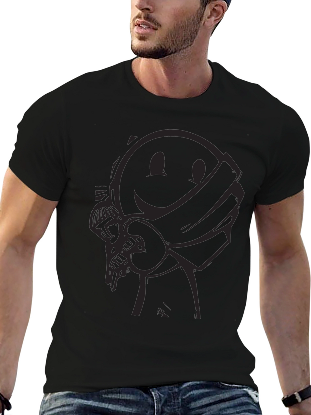 Smiley Face Bandit Graphic Tee - Black Crew Neck