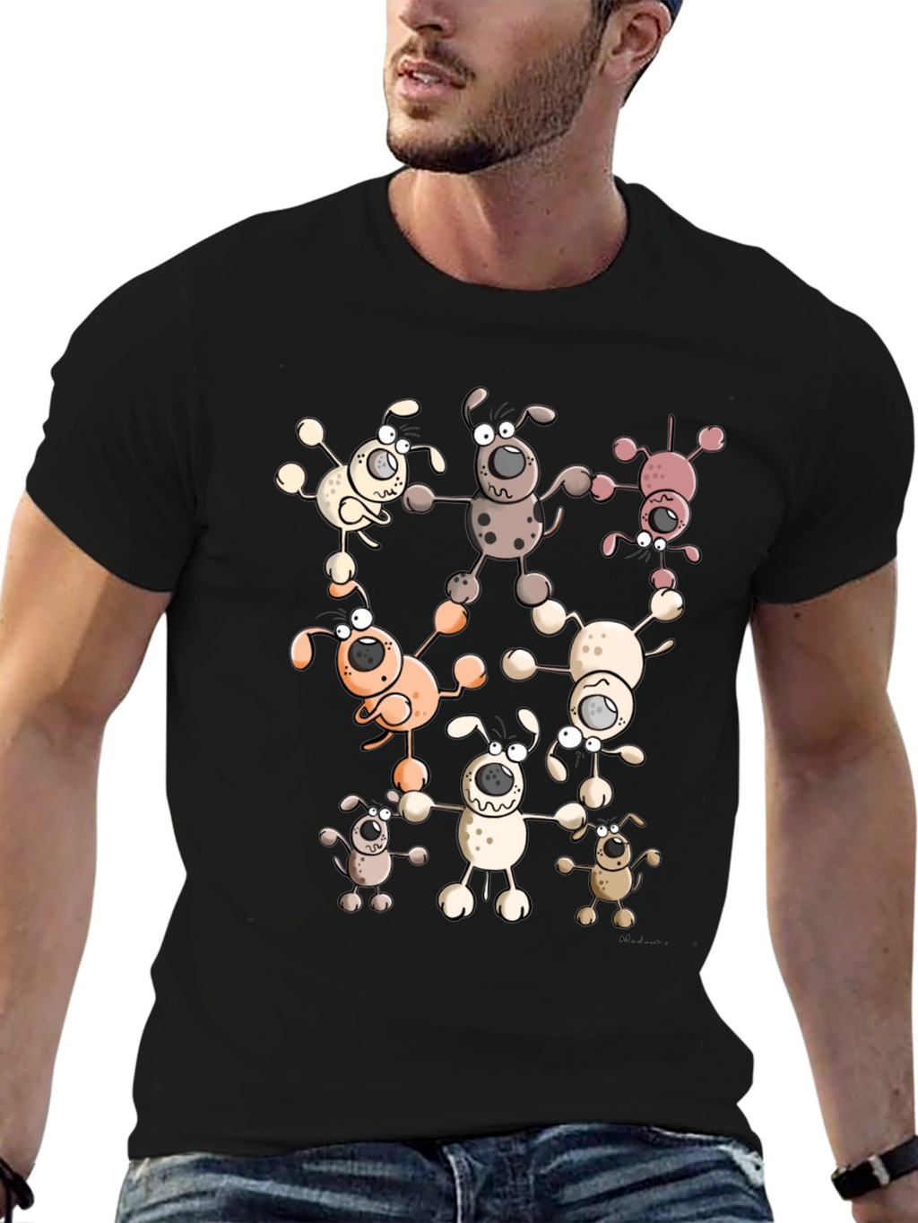 Cartoon Dog Print Black T-Shirt