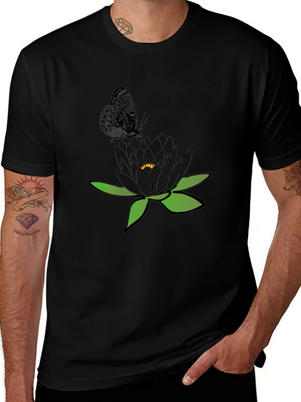 Black T-Shirt with Butterfly and Flower Design