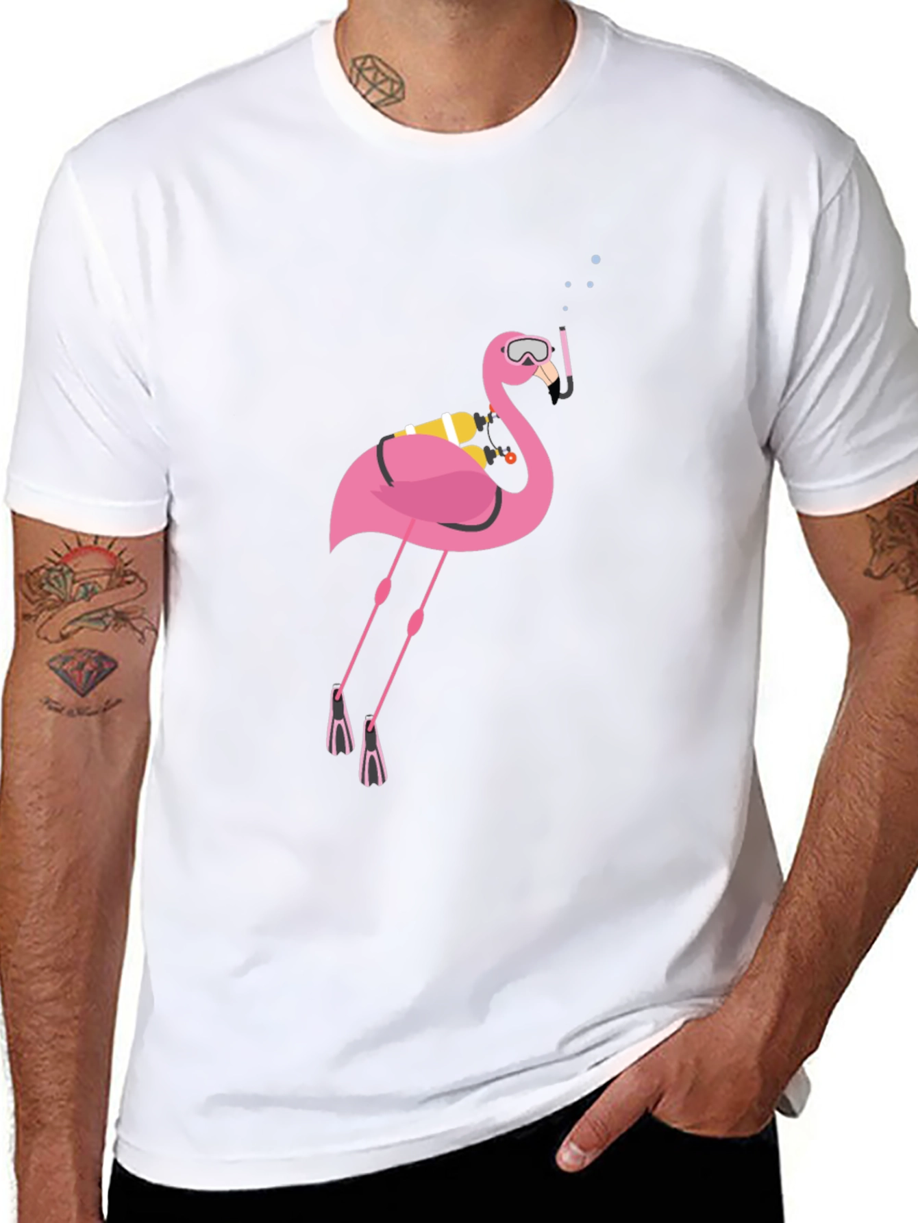 Diving Flamingo Graphic Tee - Black Cotton T-Shirt