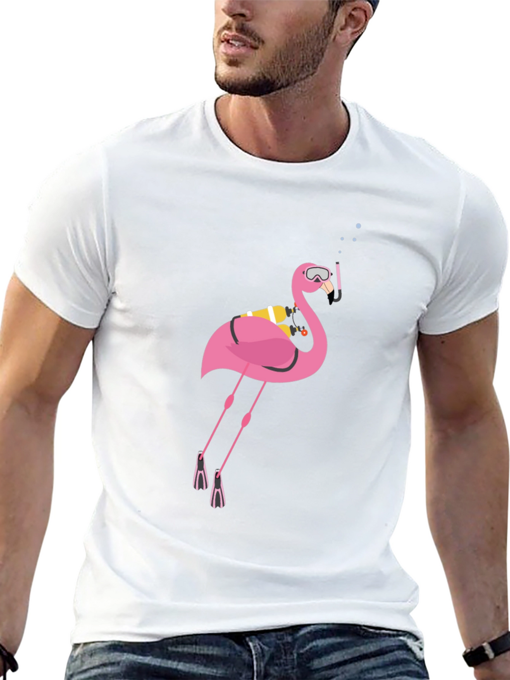 Diving Flamingo Graphic Tee - Black Cotton T-Shirt