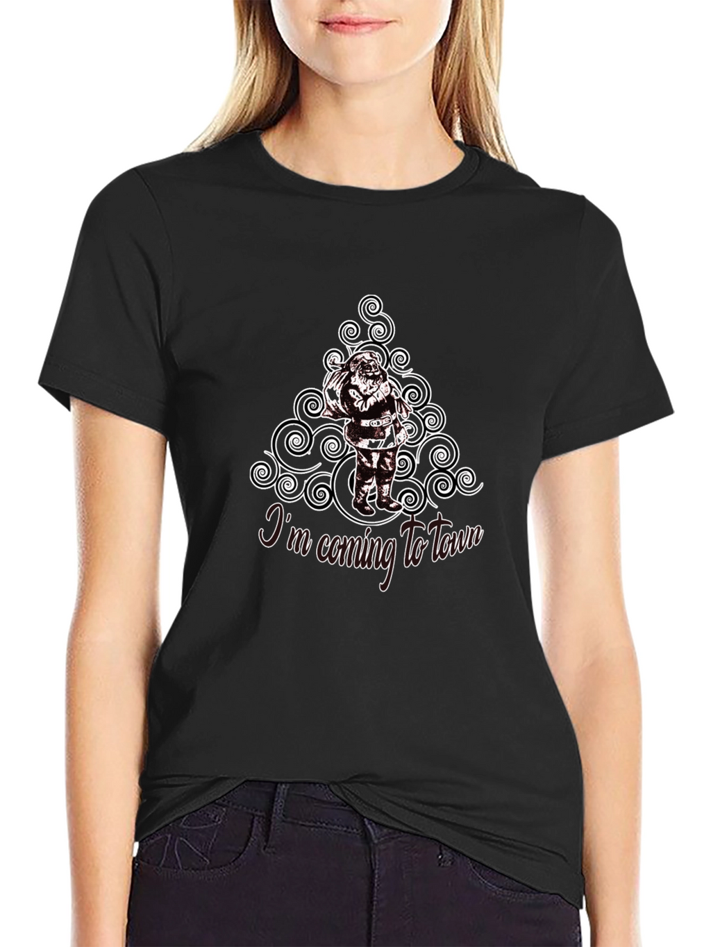 Santas Coming to Town Black Cotton T-Shirt
