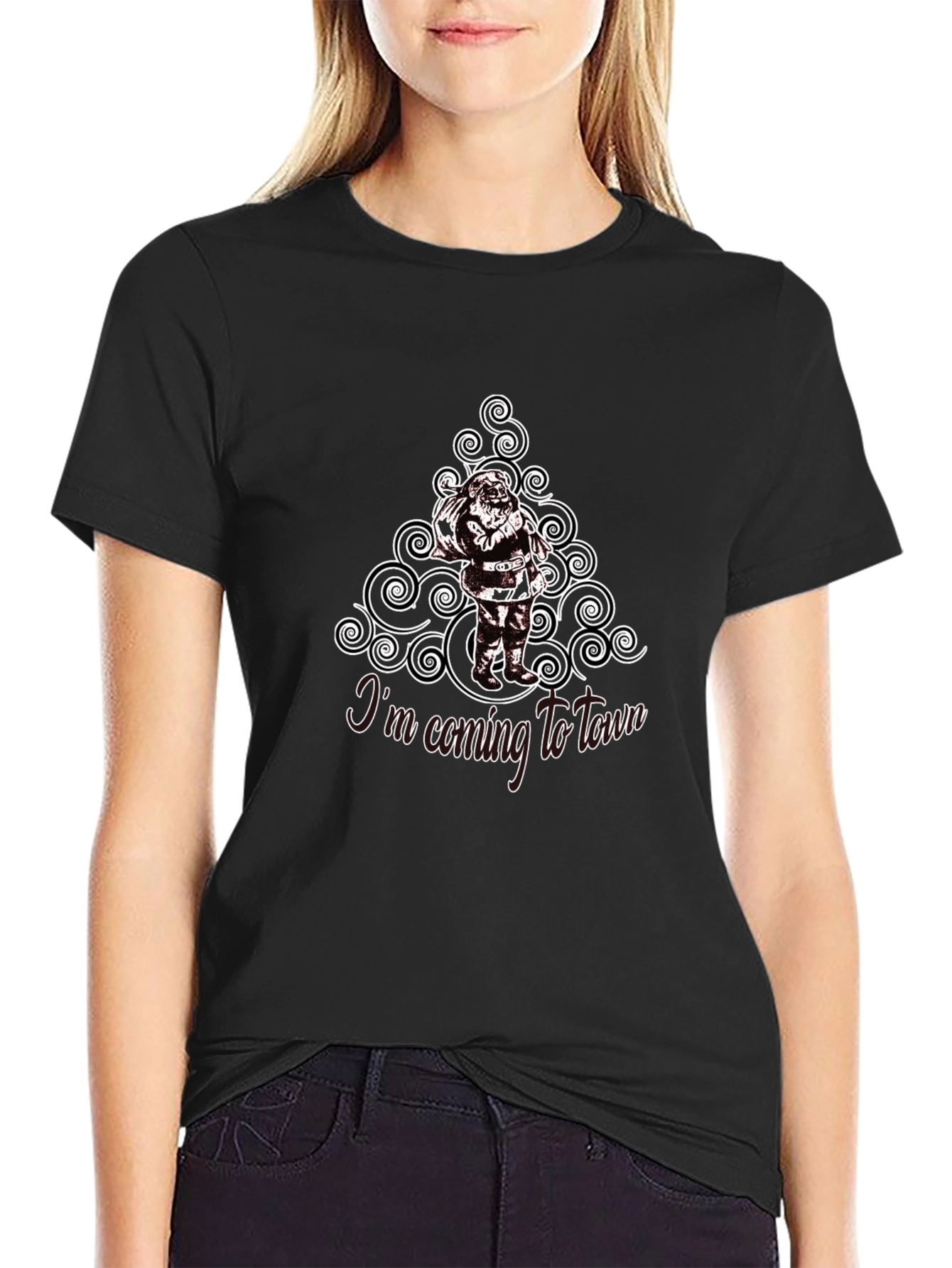 Santas Coming to Town Black Cotton T-Shirt