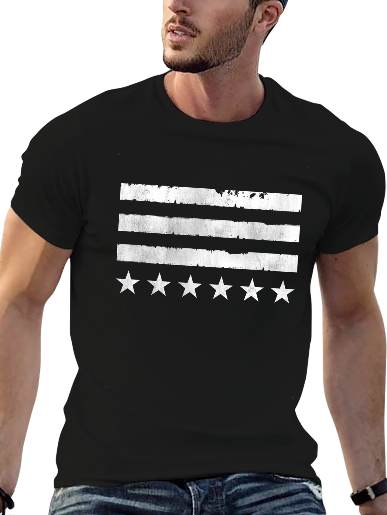 Distressed Stripes & Stars Graphic Tee - Black