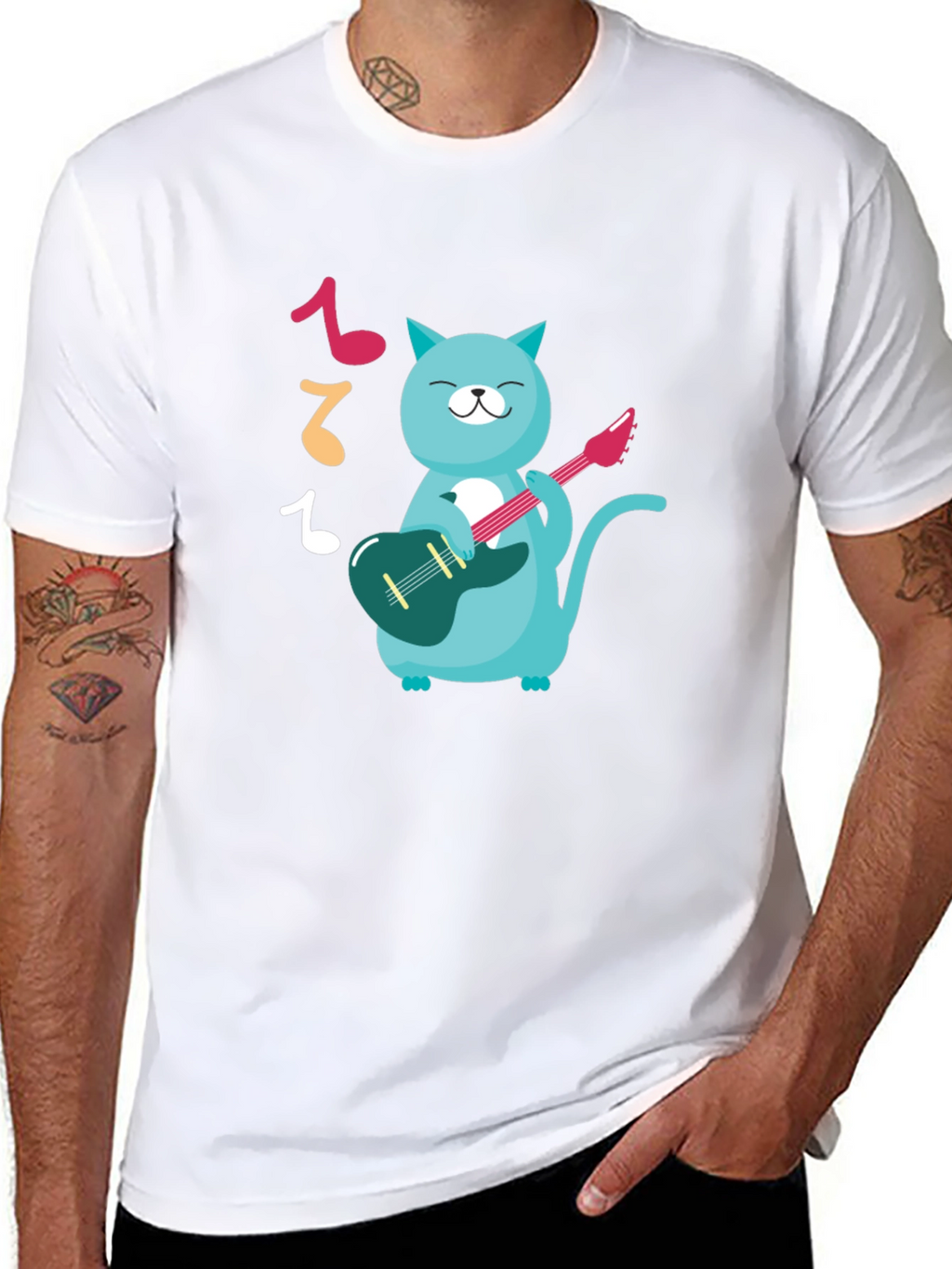 Cat Guitarist Graphic T-Shirt - Black Cotton Tee
