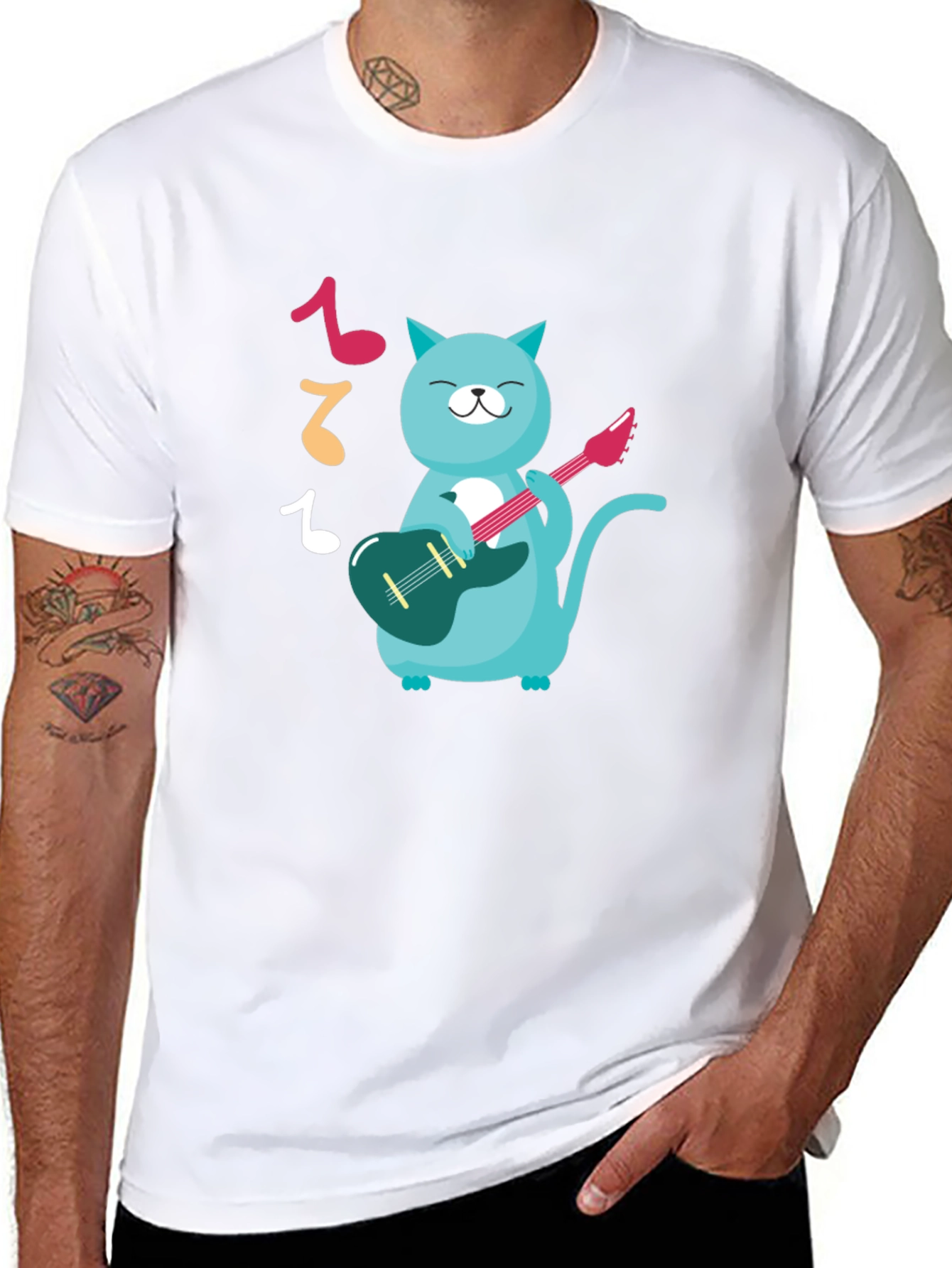 Cat Guitarist Graphic T-Shirt - Black Cotton Tee