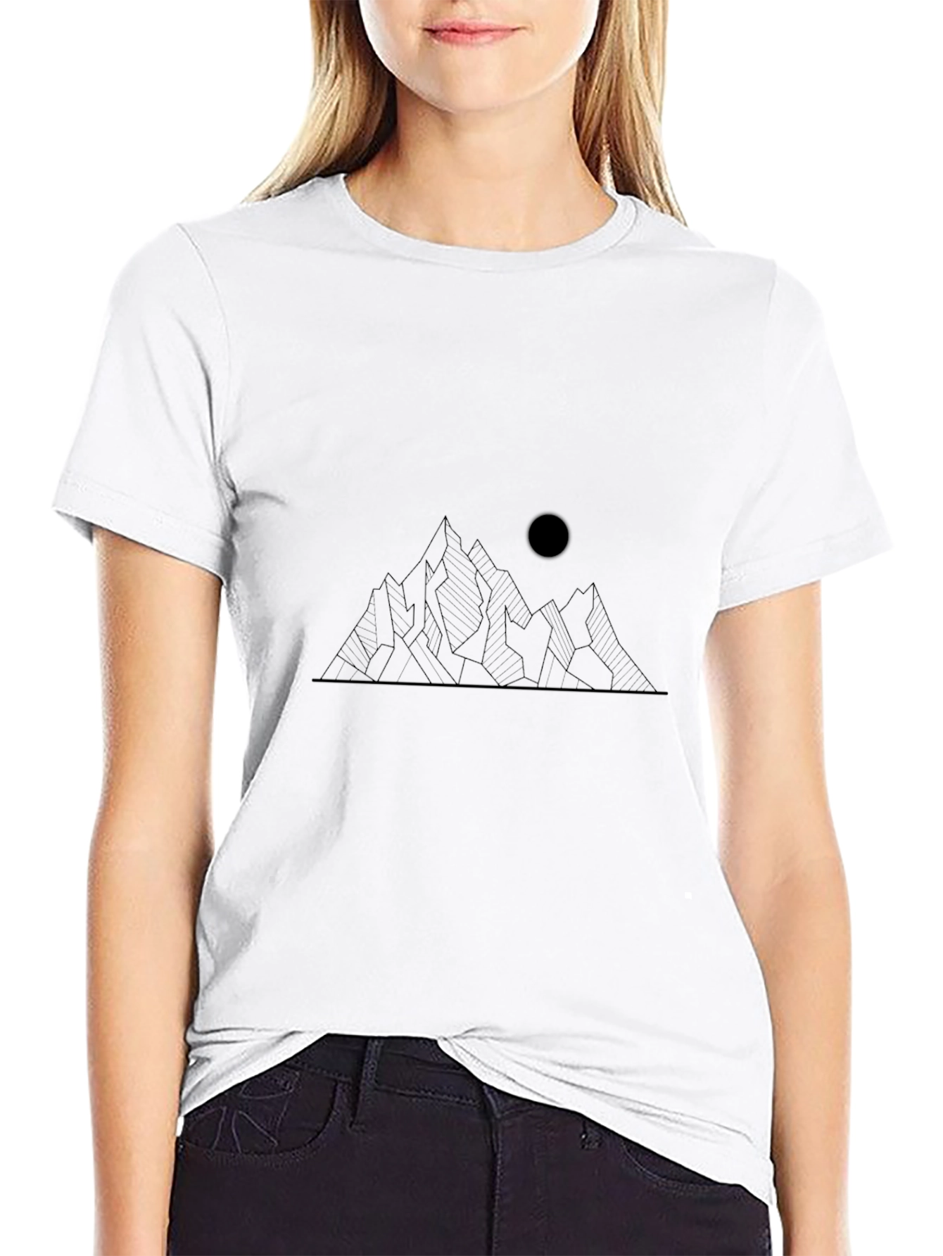 Minimalist Mountain and Moon Graphic Black T-Shirt