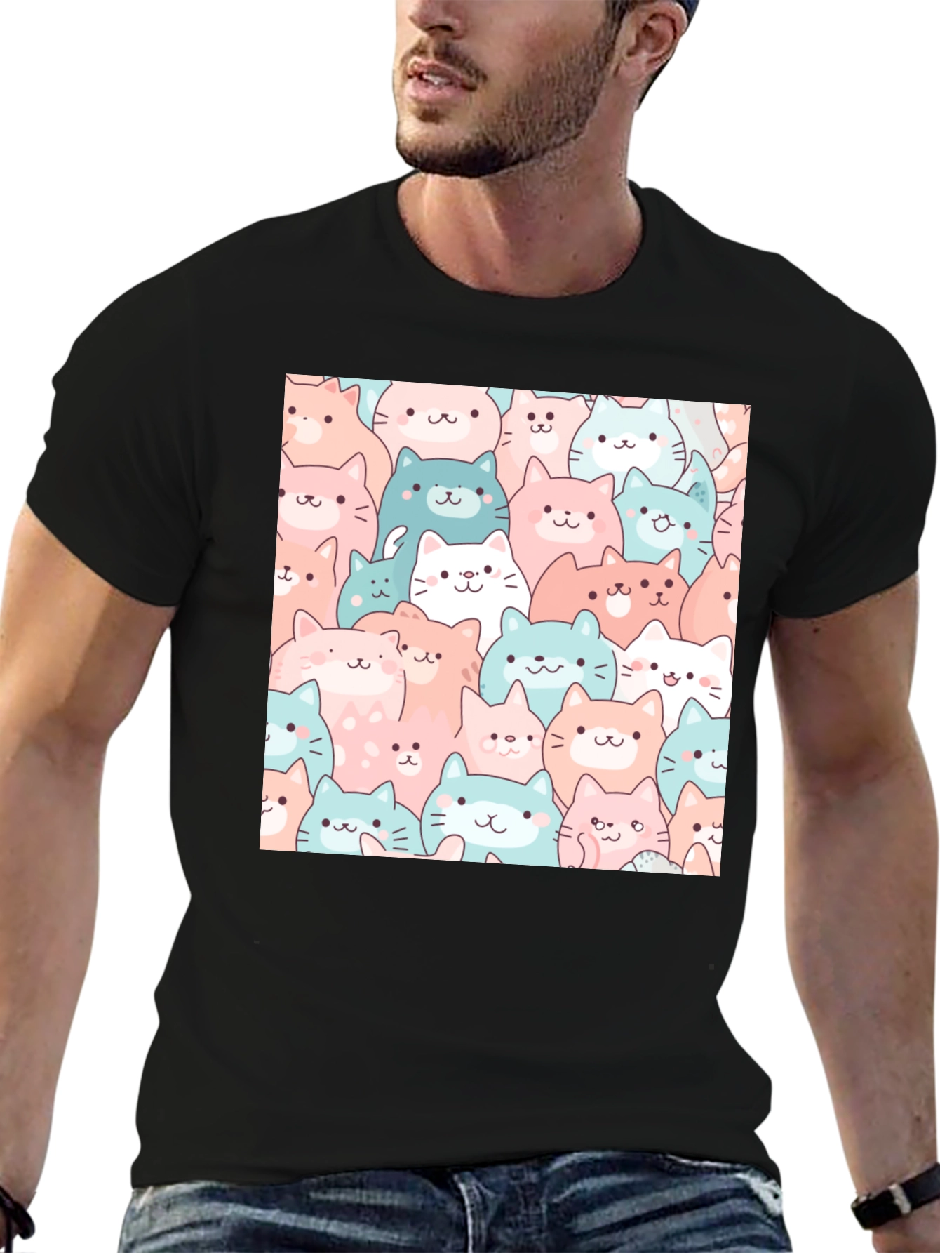 Cute Cats Pattern Black T-Shirt