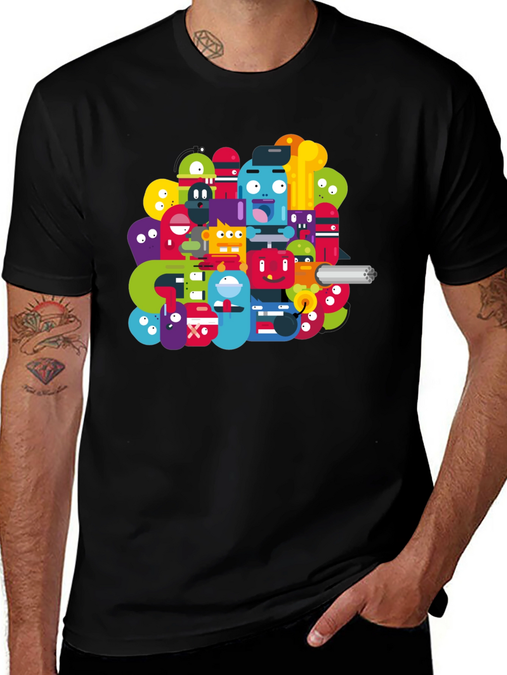 Funky Cartoon Character Graphic Black T-Shirt