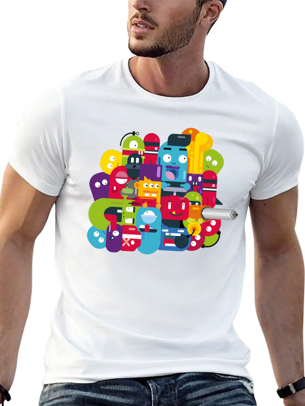 Funky Cartoon Character Graphic Black T-Shirt