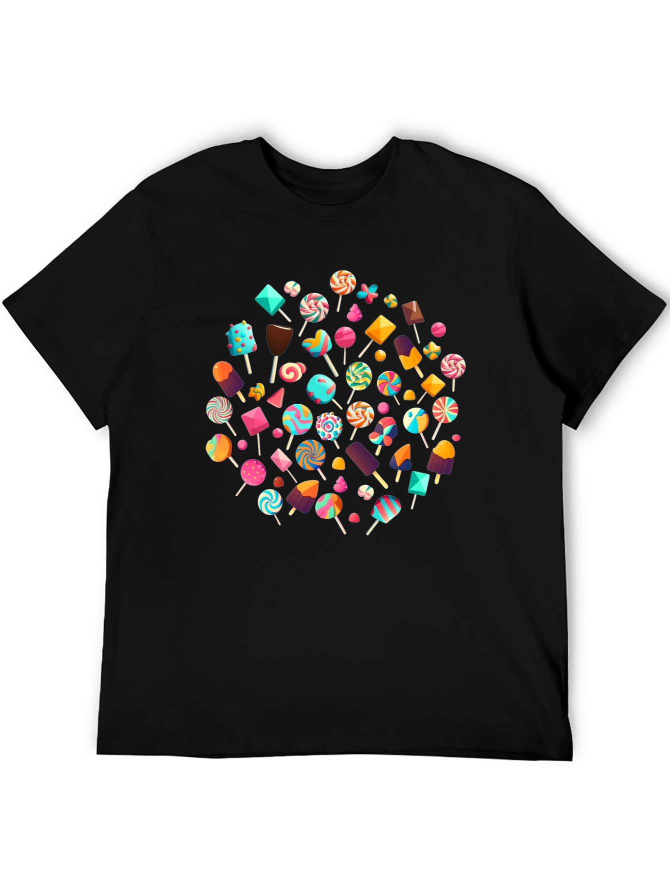 Fun Candy Pattern Black Crew Neck T-Shirt