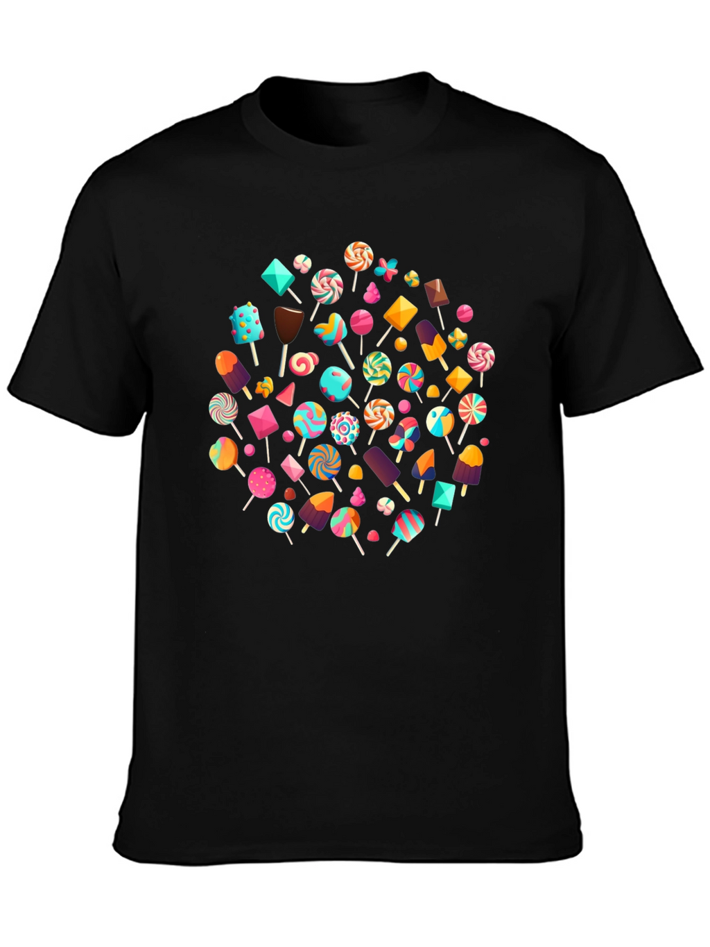 Fun Candy Pattern Black Crew Neck T-Shirt