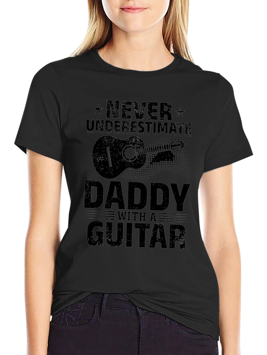 Never Underestimate Daddy with a Guitar Black T-Shirt